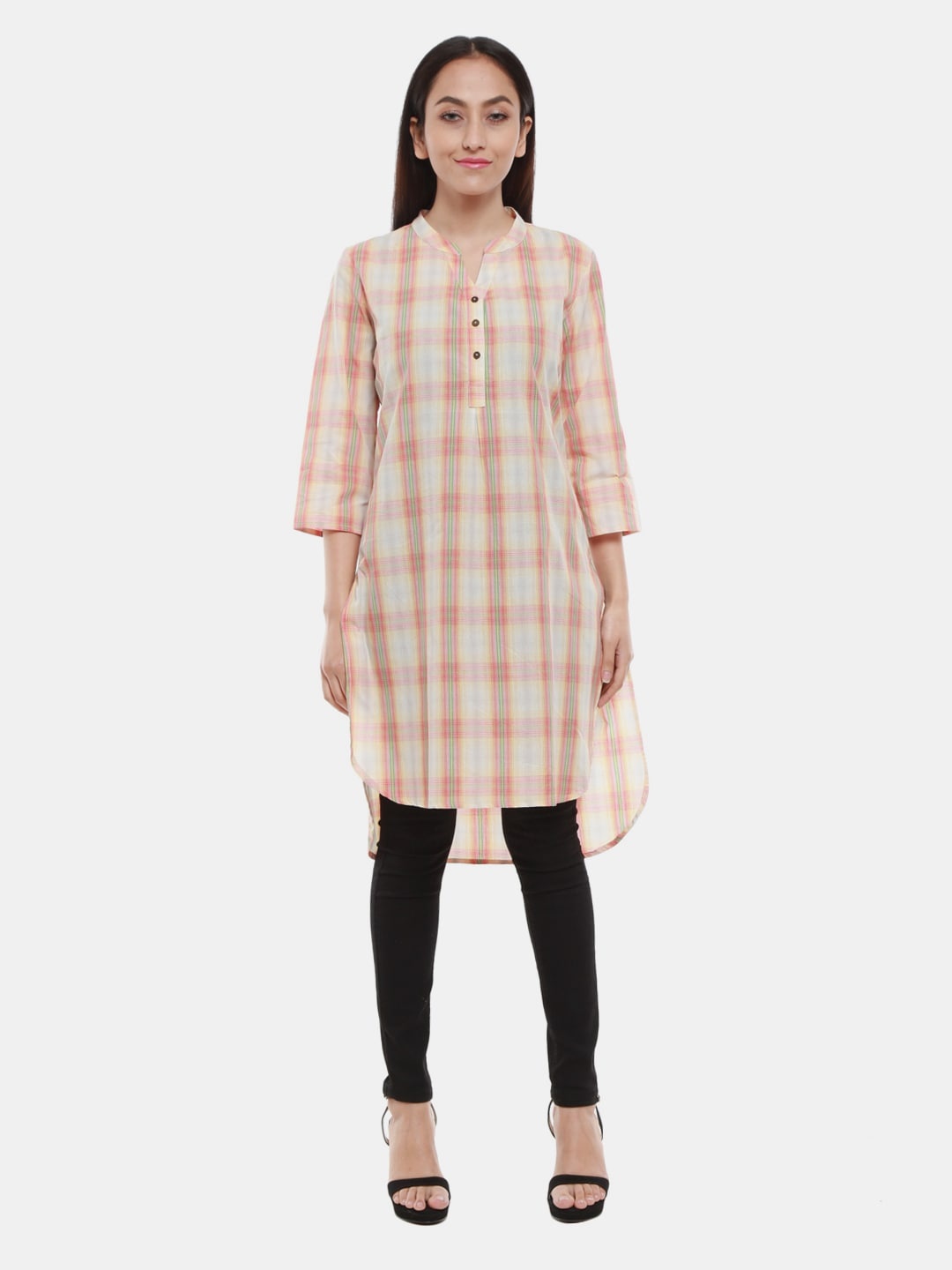 

V-Mart Yellow Checked Shirt Style Longline Pure Cotton Top