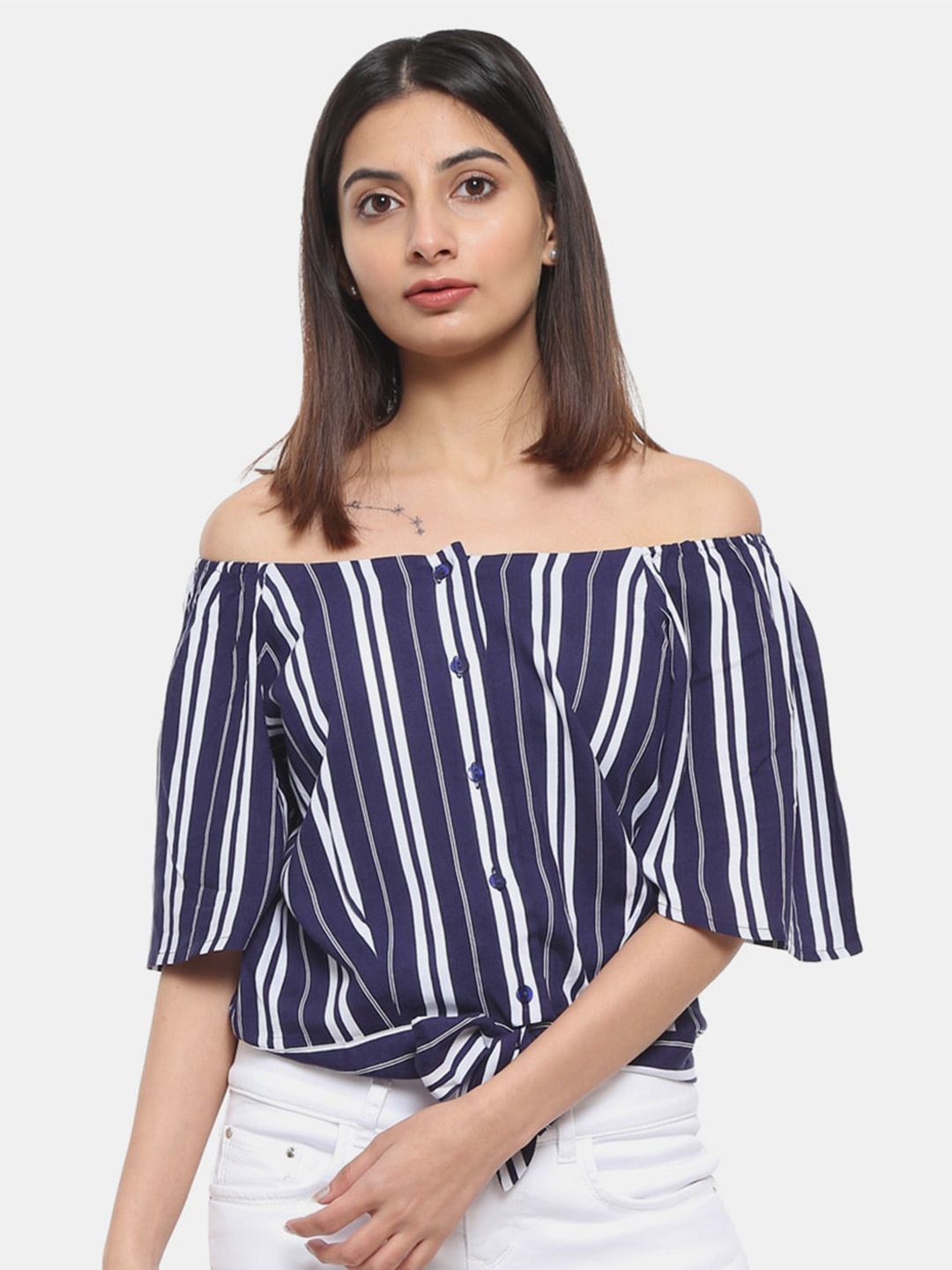 

V-Mart Navy Blue Striped Off-Shoulder Bardot Top