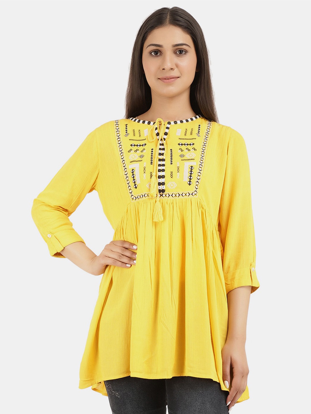 

V-Mart Mustard Yellow Tie Up Neck Pure Cotton Top