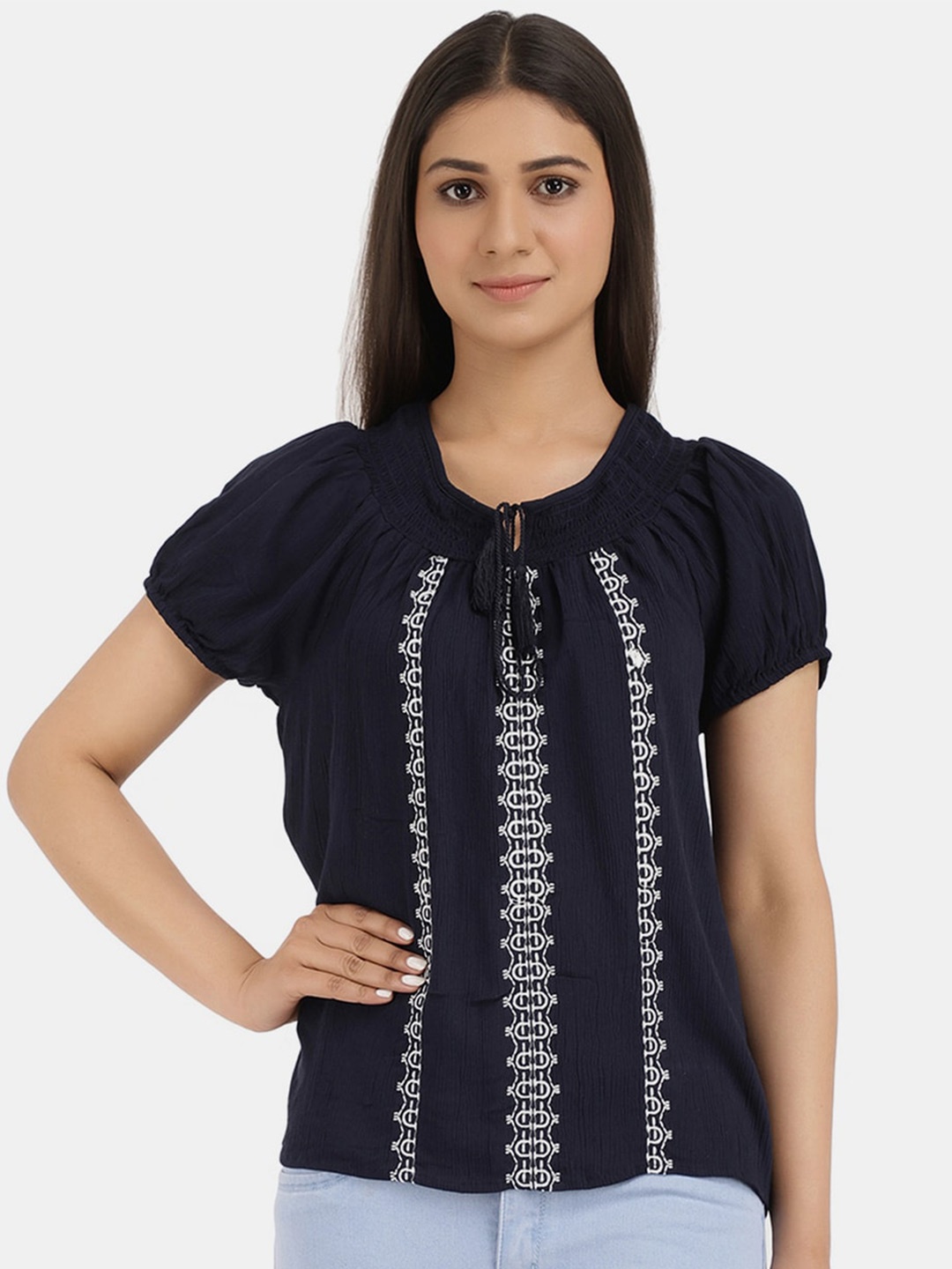 

V-Mart Navy Blue & White Embellished Tie-Up Neck Top
