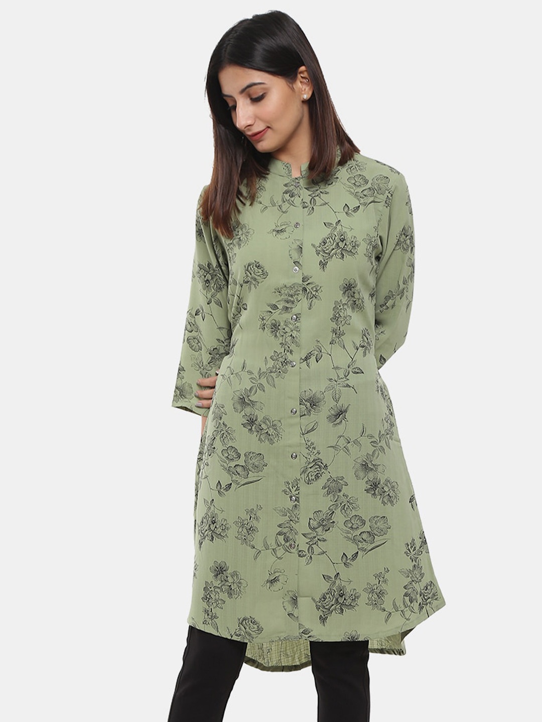 

V-Mart Green & Black Floral Print Shirt Style Pure Cotton Longline Top