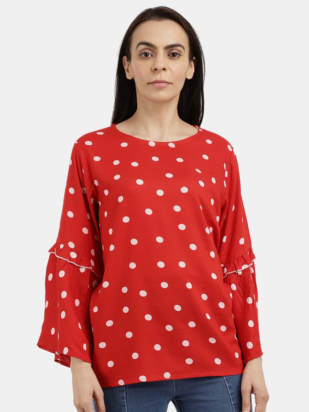 

V-Mart Red & White Print Round Neck Top