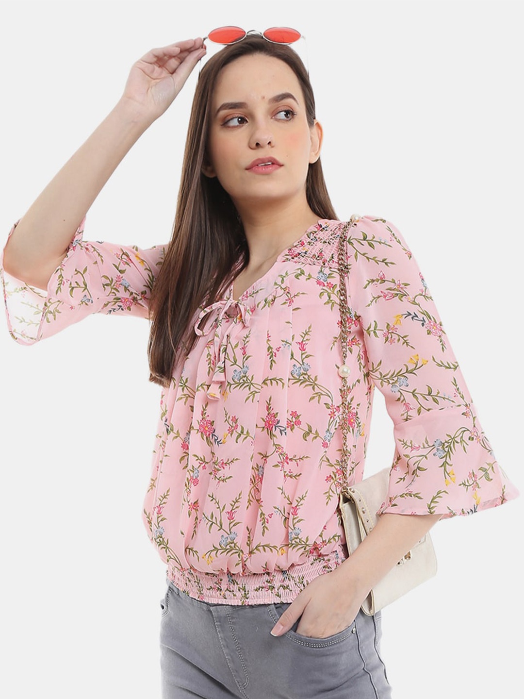 

V-Mart Pink & Green Floral Print Tie-Up Neck Pure Cotton Blouson Top
