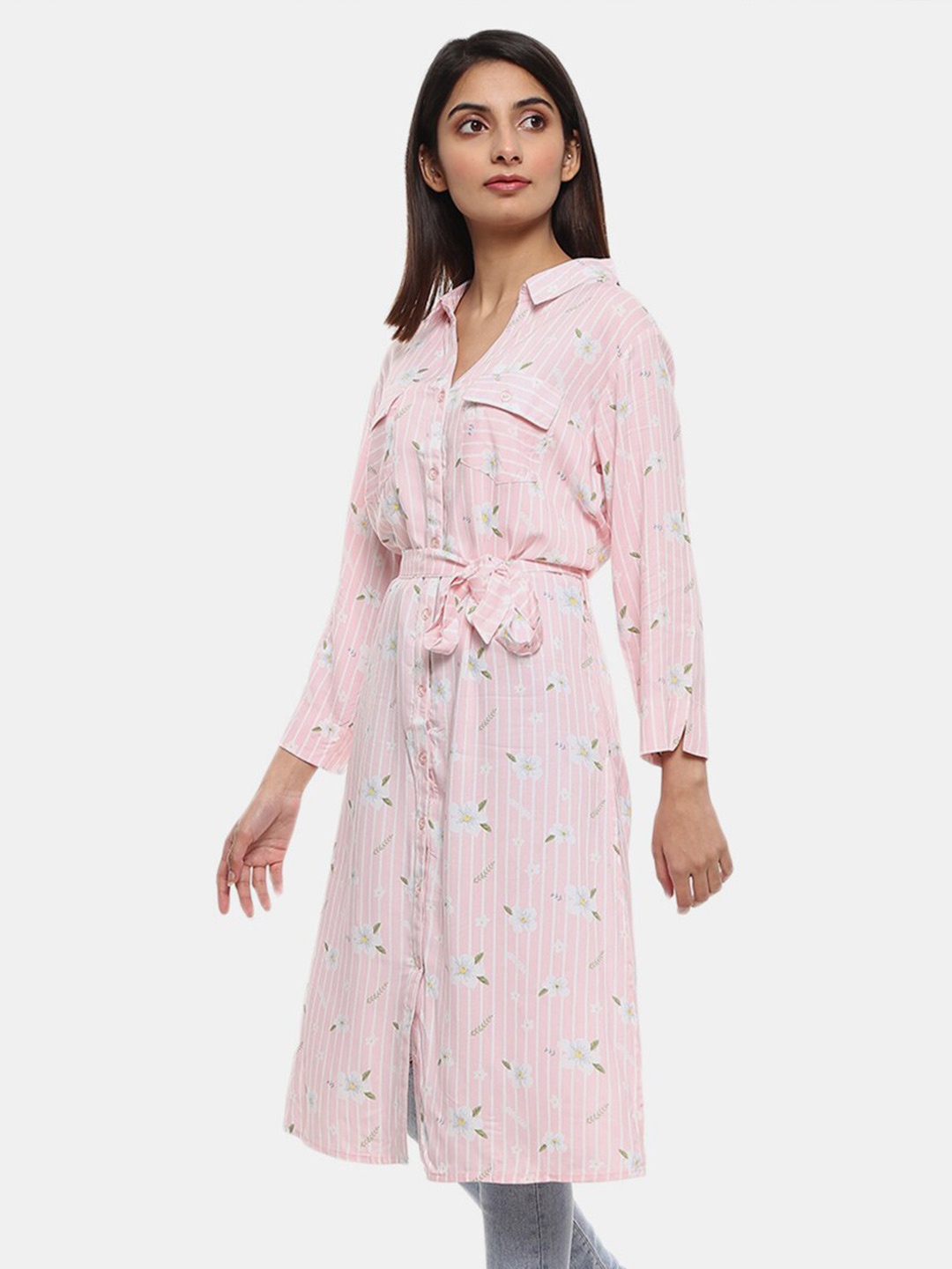 

V-Mart Pink & White Print Shirt Style Longline Top