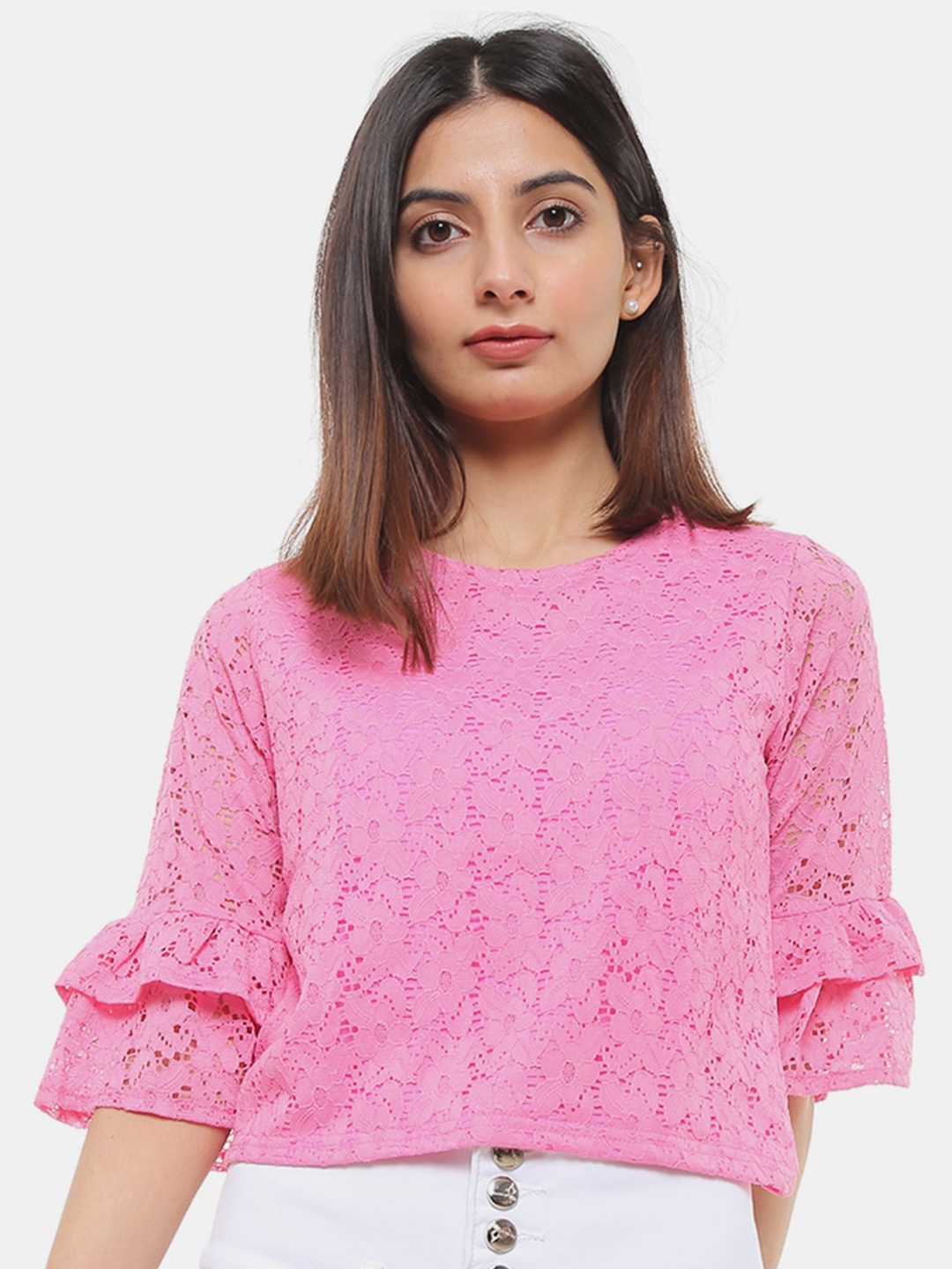 

V-Mart Pink Floral Lace Pure Cotton Top