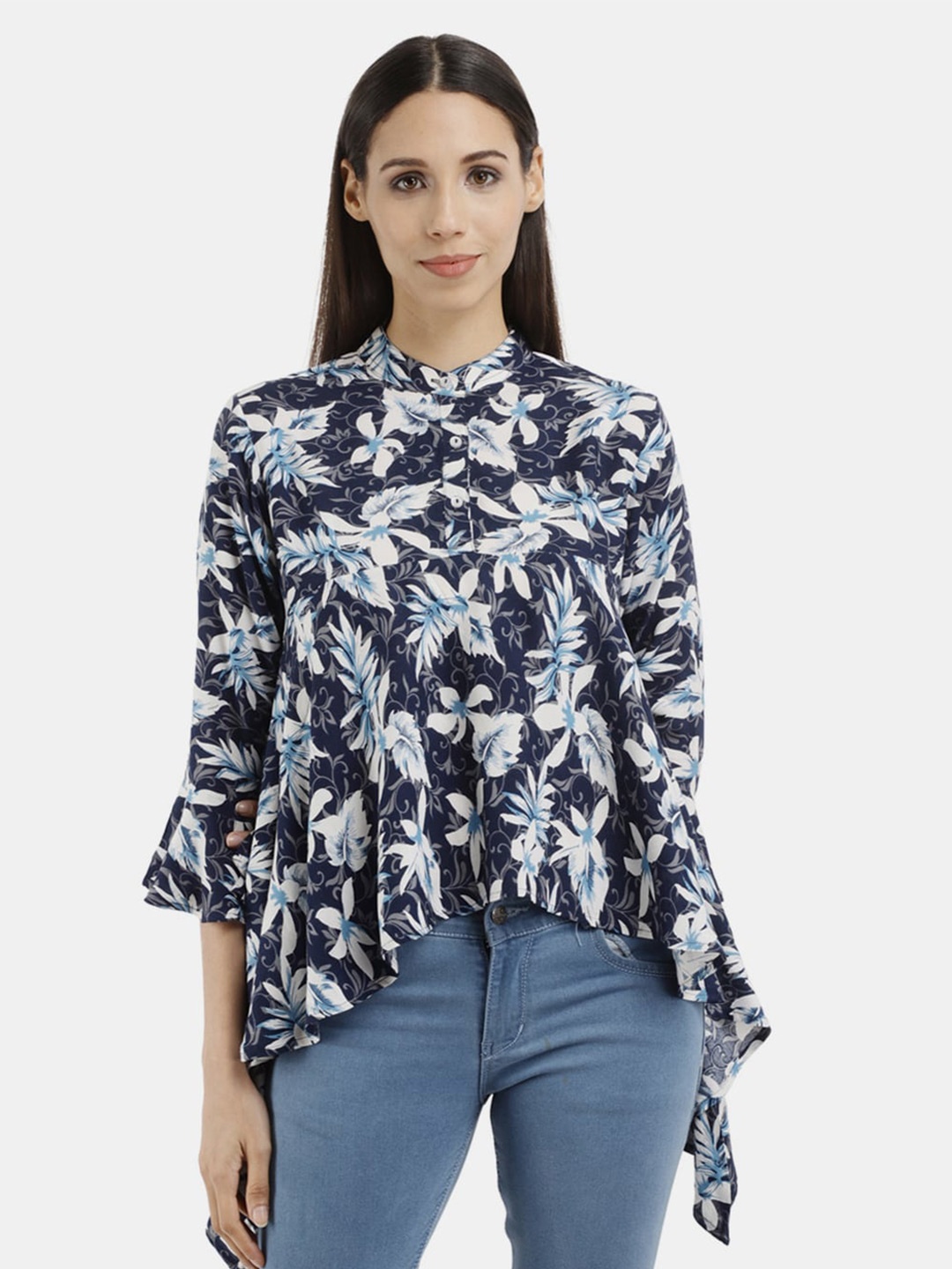 

V-Mart Navy Blue & White Floral Print Mandarin Collar High-Low Top