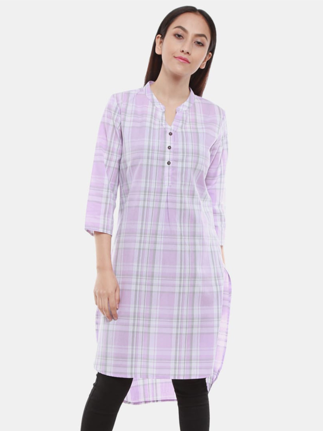 

V-Mart Purple Checked Mandarin Collar Roll-Up Pure Cotton Kurta