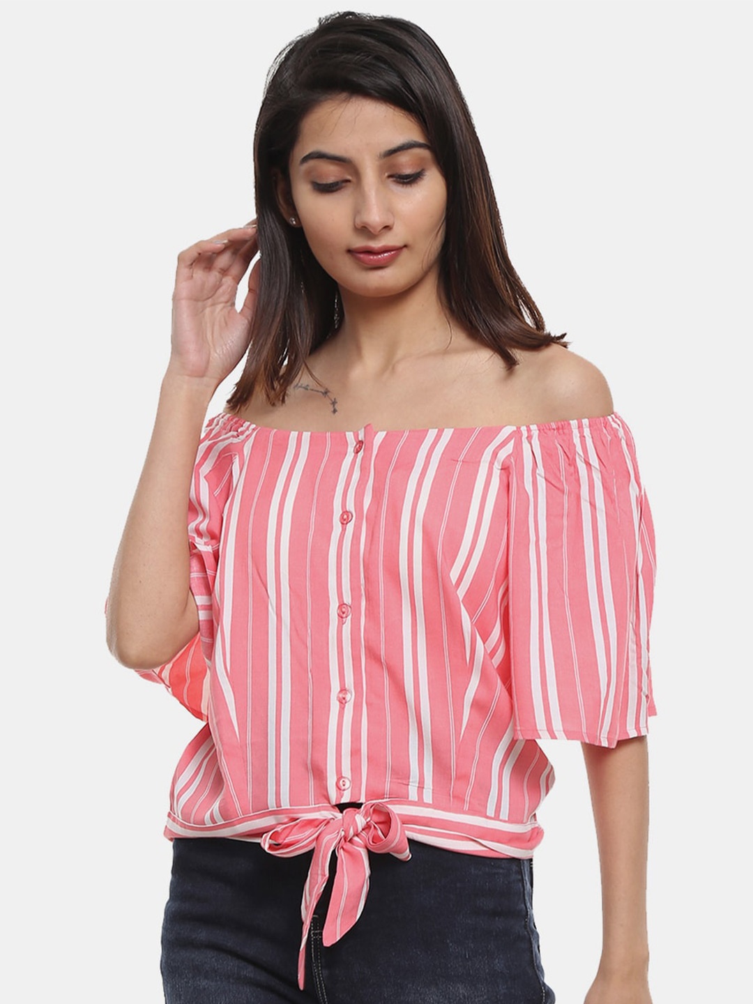 

V-Mart Pink & White Striped Off-Shoulder Bardot Top