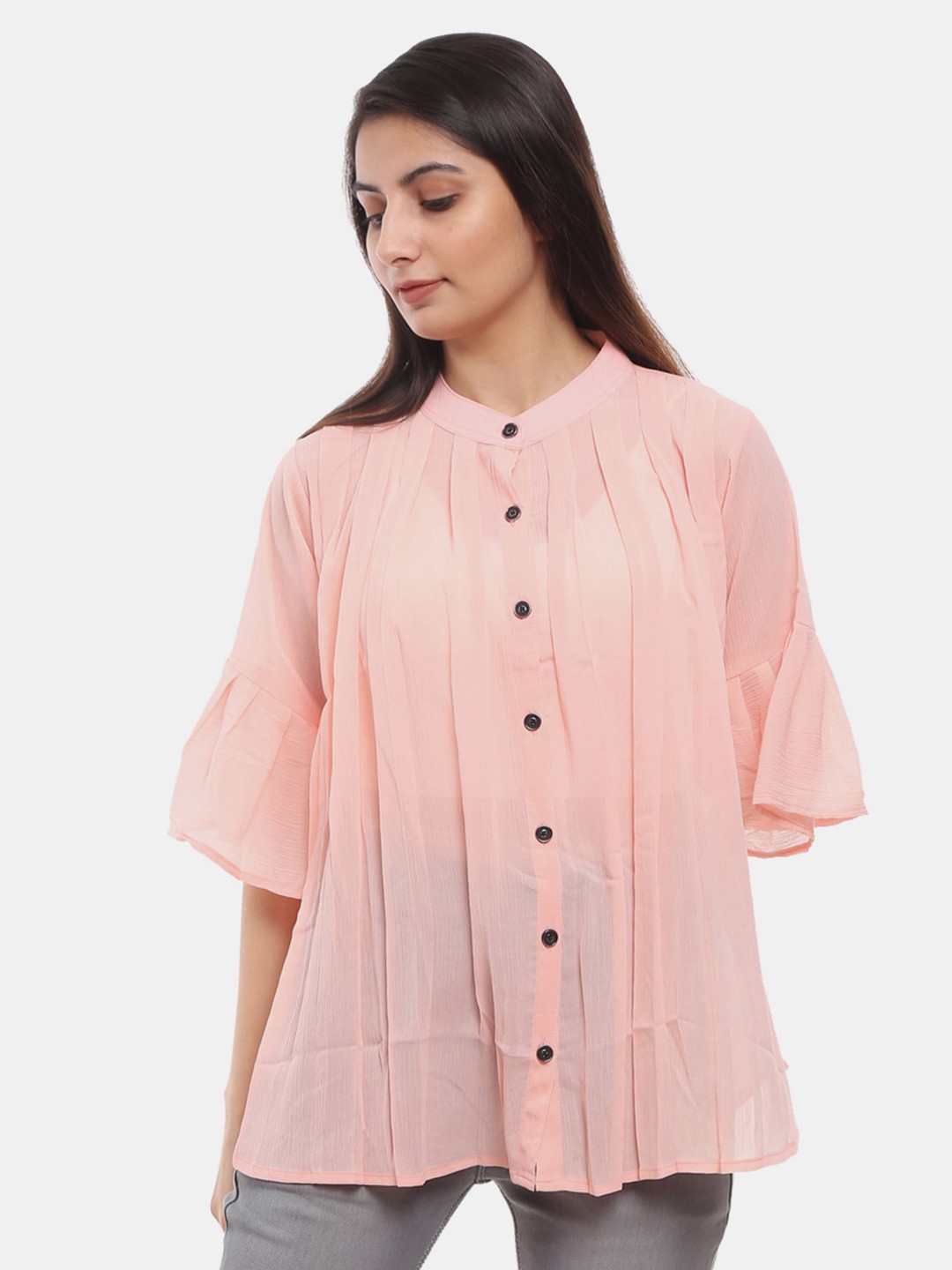 

V-Mart Peach-Coloured Mandarin Collar Pure Cotton Shirt Style Top