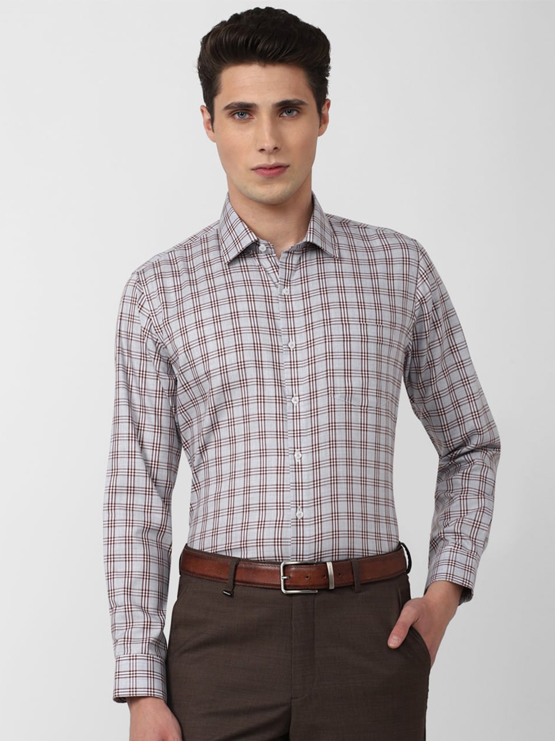 

Van Heusen Men Grey & Maroon Checked Pure Cotton Formal Shirt