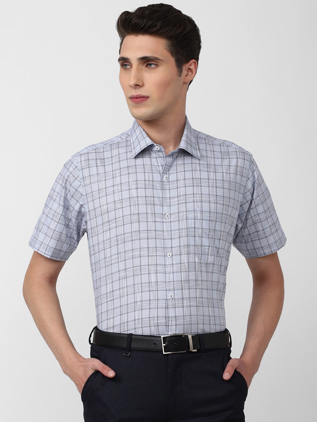 

Van Heusen Men Blue Checked Pure Cotton Formal Shirt