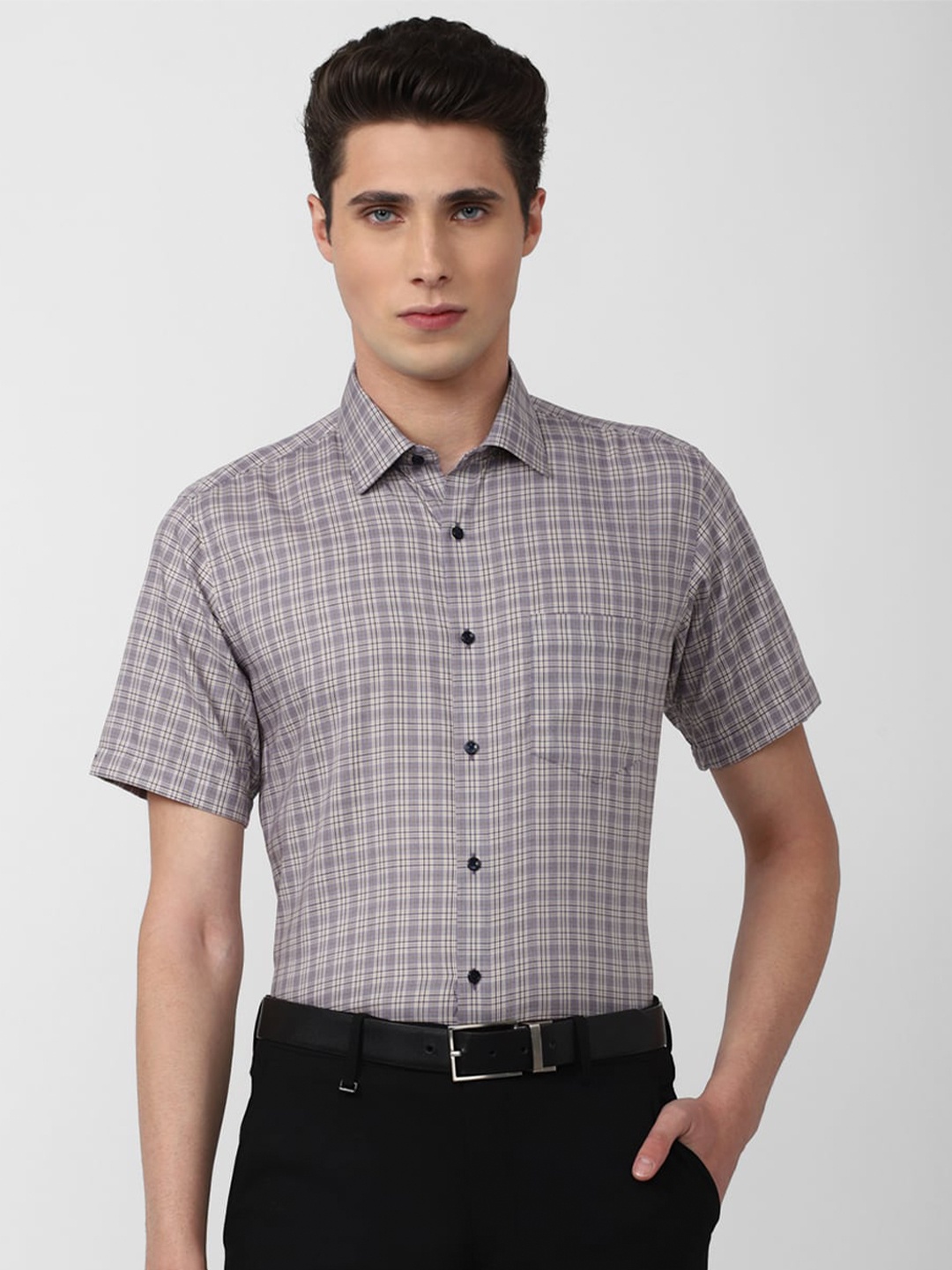 

Van Heusen Men Grey Checked Pure Cotton Formal Shirt