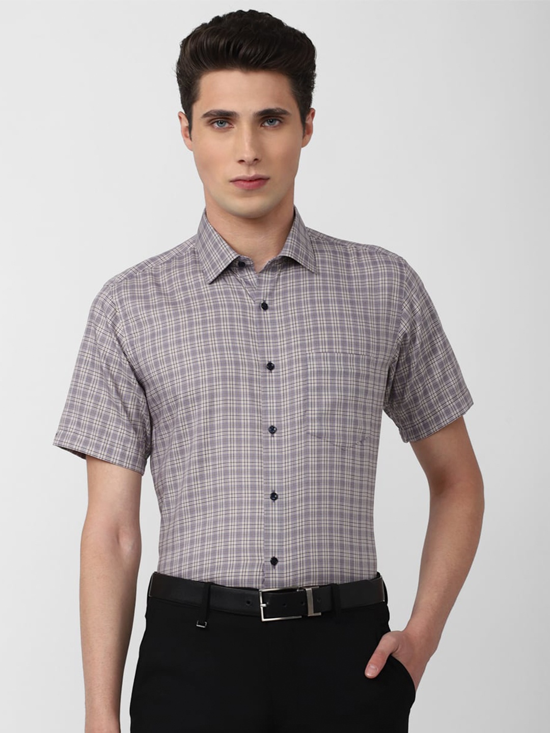 

Van Heusen Men Grey Checked Pure Cotton Formal Shirt
