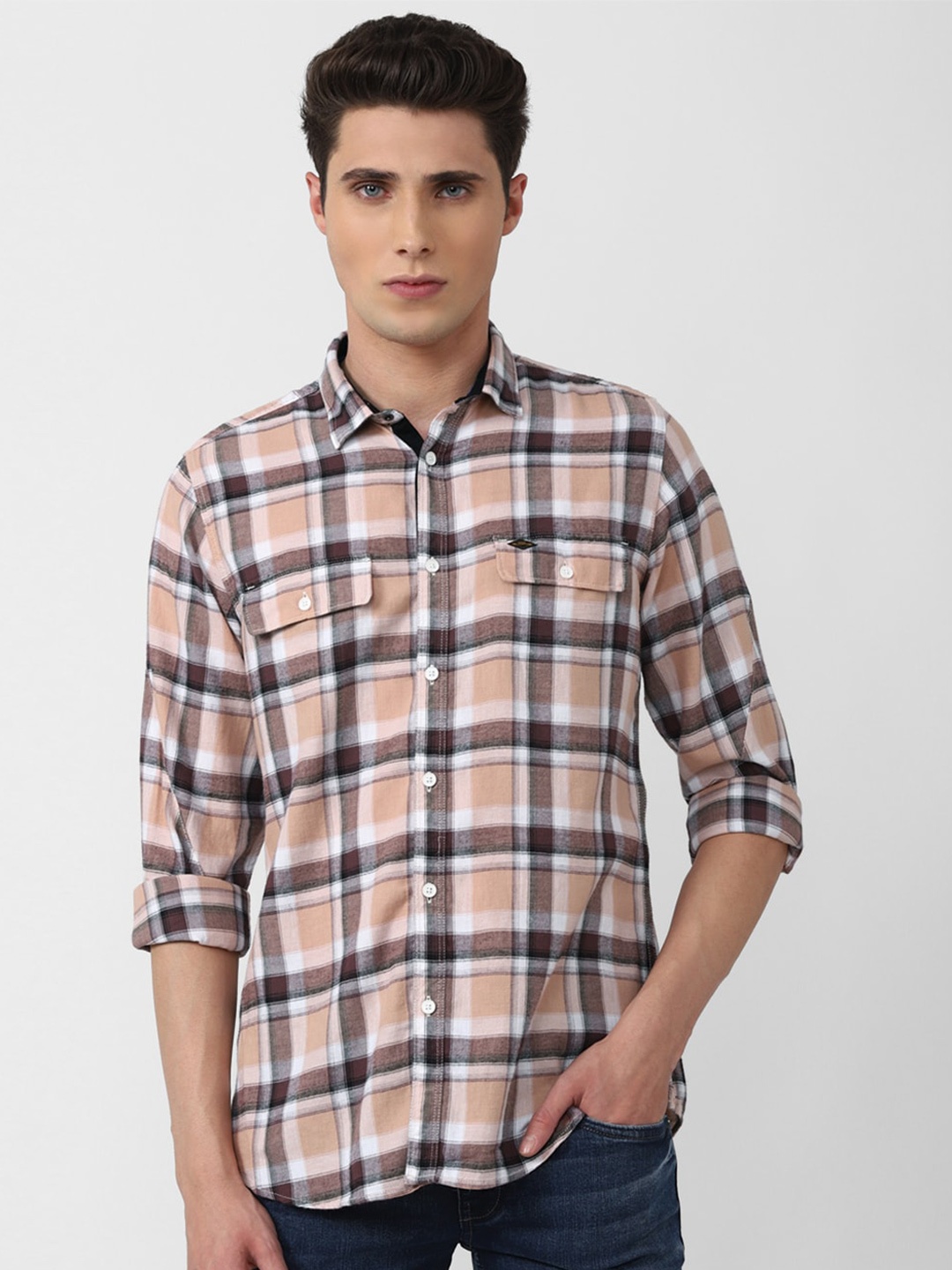 

VAN HEUSEN DENIM LABS Men Peach-Coloured Cotton Slim Fit Tartan Checked Casual Shirt