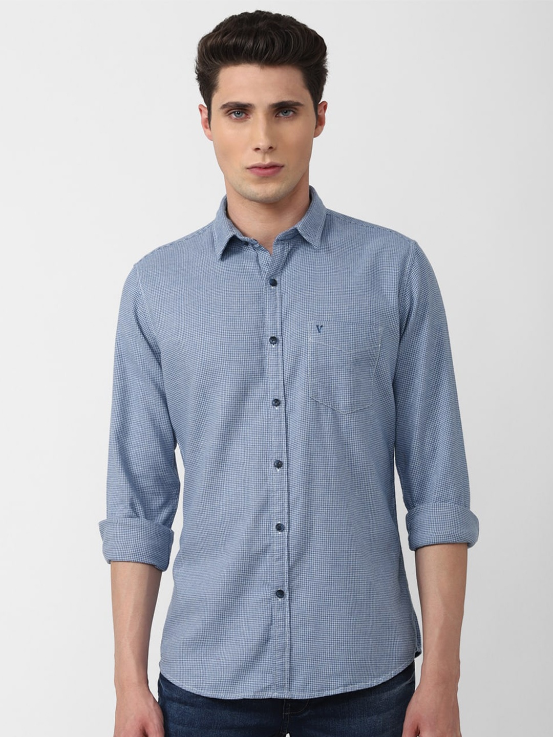 

VAN HEUSEN DENIM LABS Men Blue Comfort Slim Fit Checked Cotton Casual Shirt