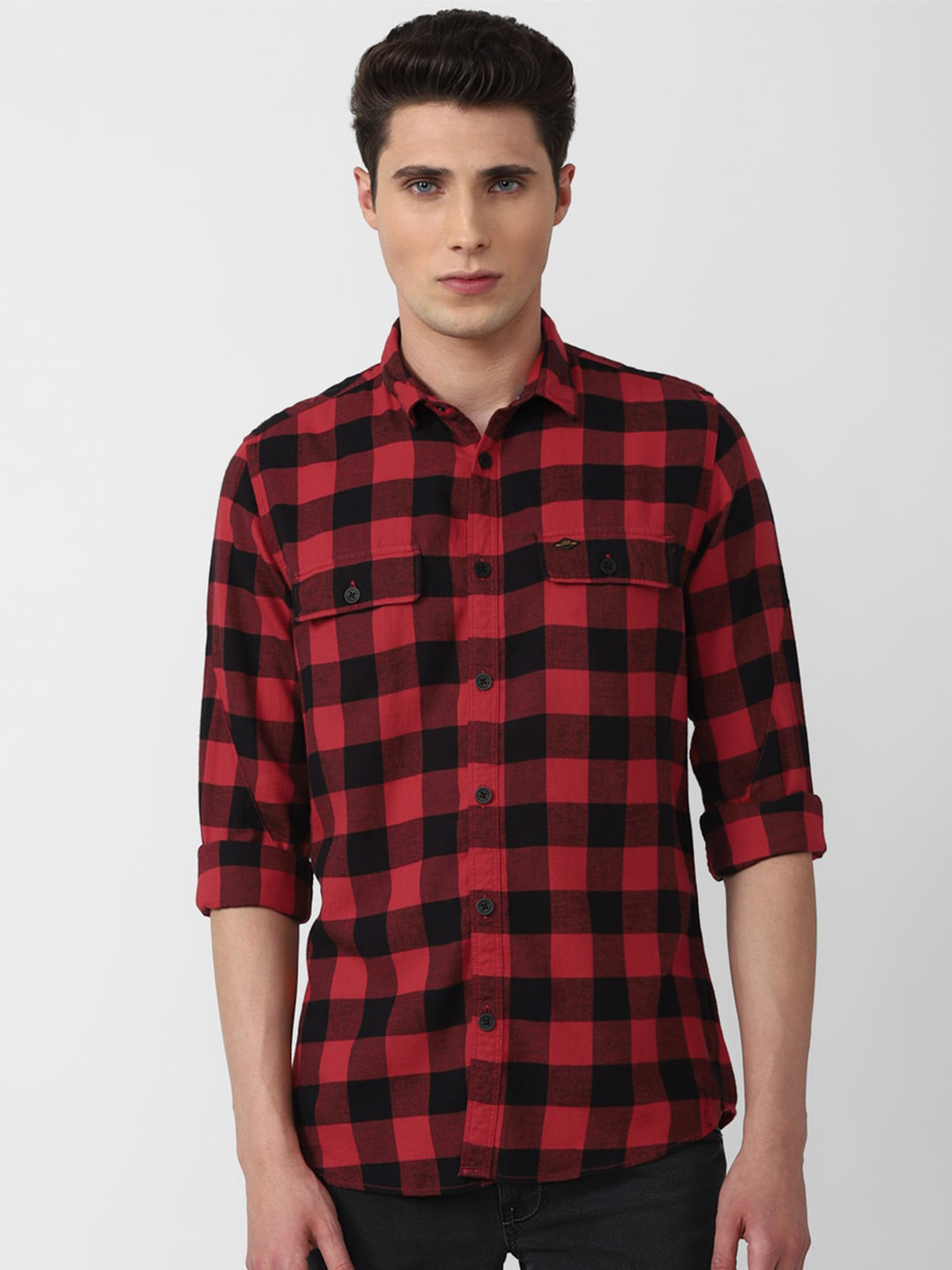 

VAN HEUSEN DENIM LABS Men Red Slim Fit Buffalo Checks Checked Cotton Casual Shirt