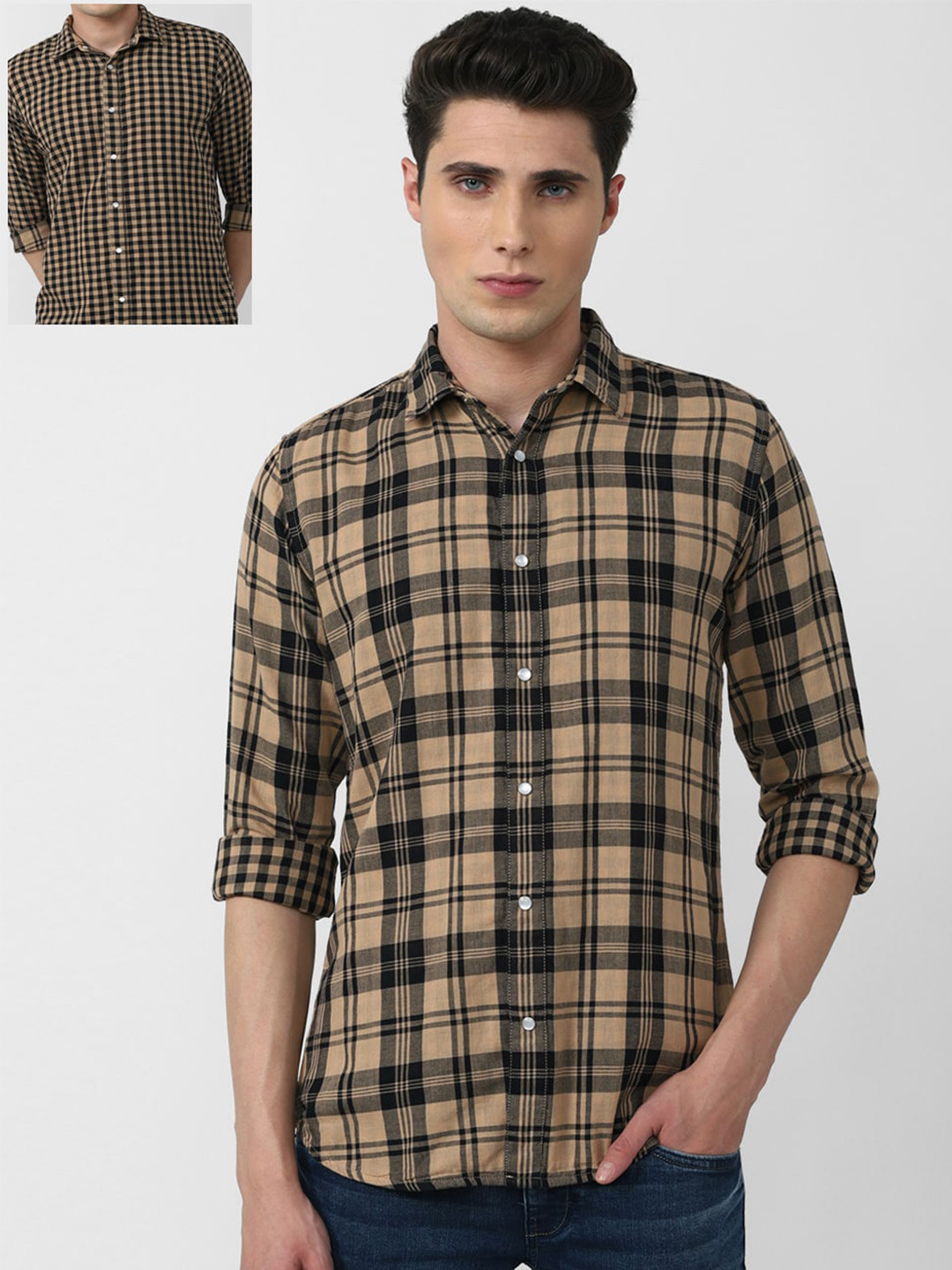 

VAN HEUSEN DENIM LABS Men Khaki Slim Fit Tartan Checked Cotton Casual Shirt