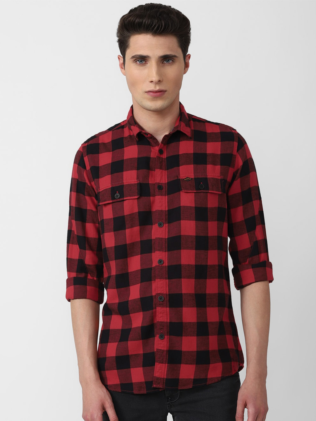 

VAN HEUSEN DENIM LABS Men Red Slim Fit Buffalo Checked Cotton Casual Shirt