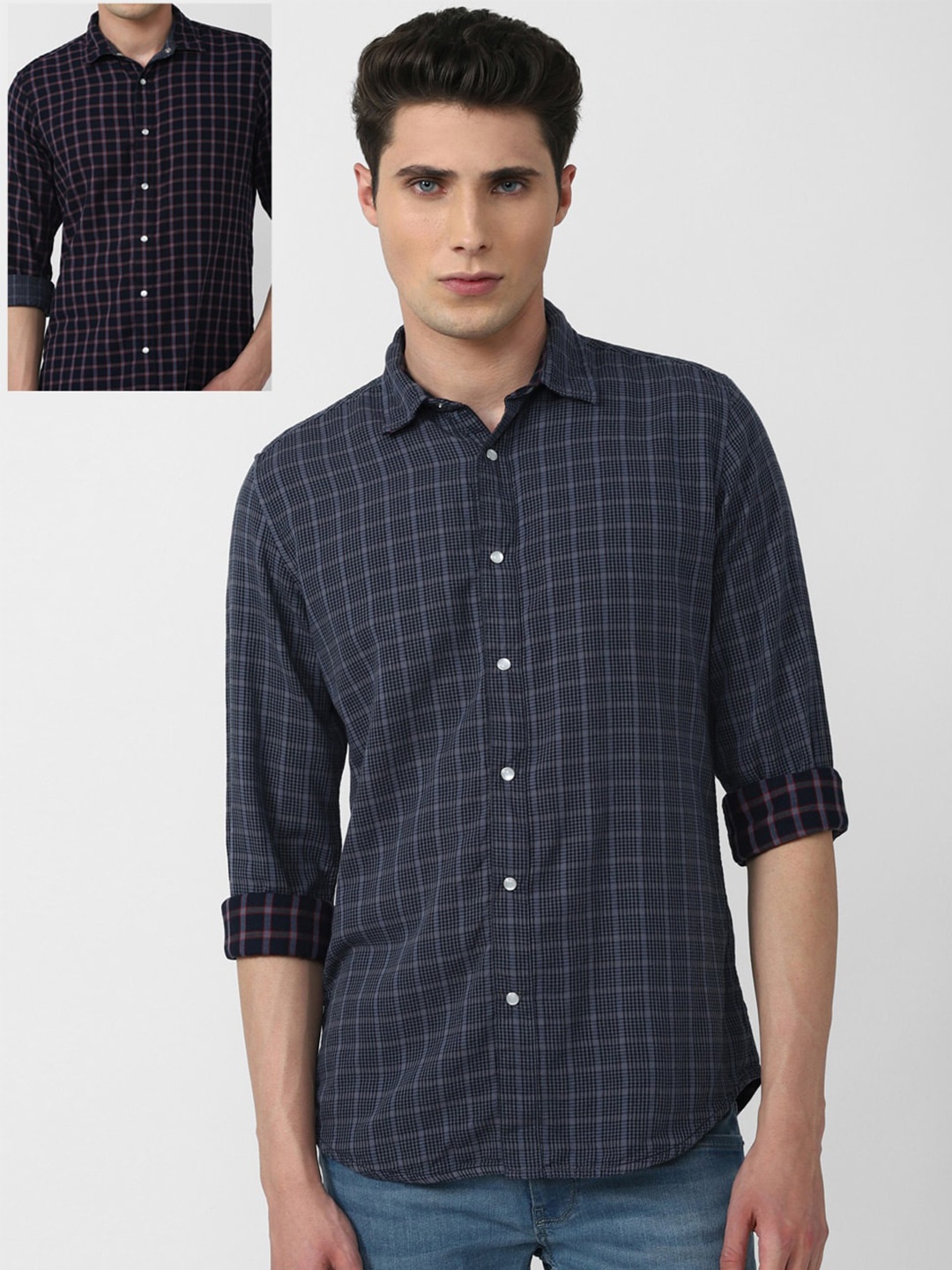 

VAN HEUSEN DENIM LABS Men Navy Blue Slim Fit Grid Tattersall Checked Cotton Casual Shirt