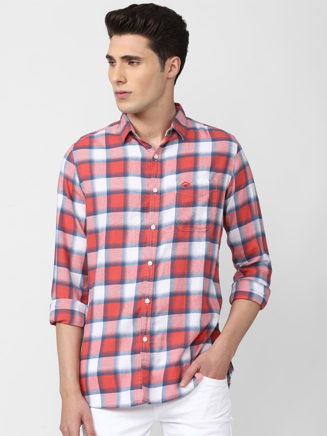 

VAN HEUSEN DENIM LABS Men Pink & White Slim Fit Checked Cotton Casual Shirt