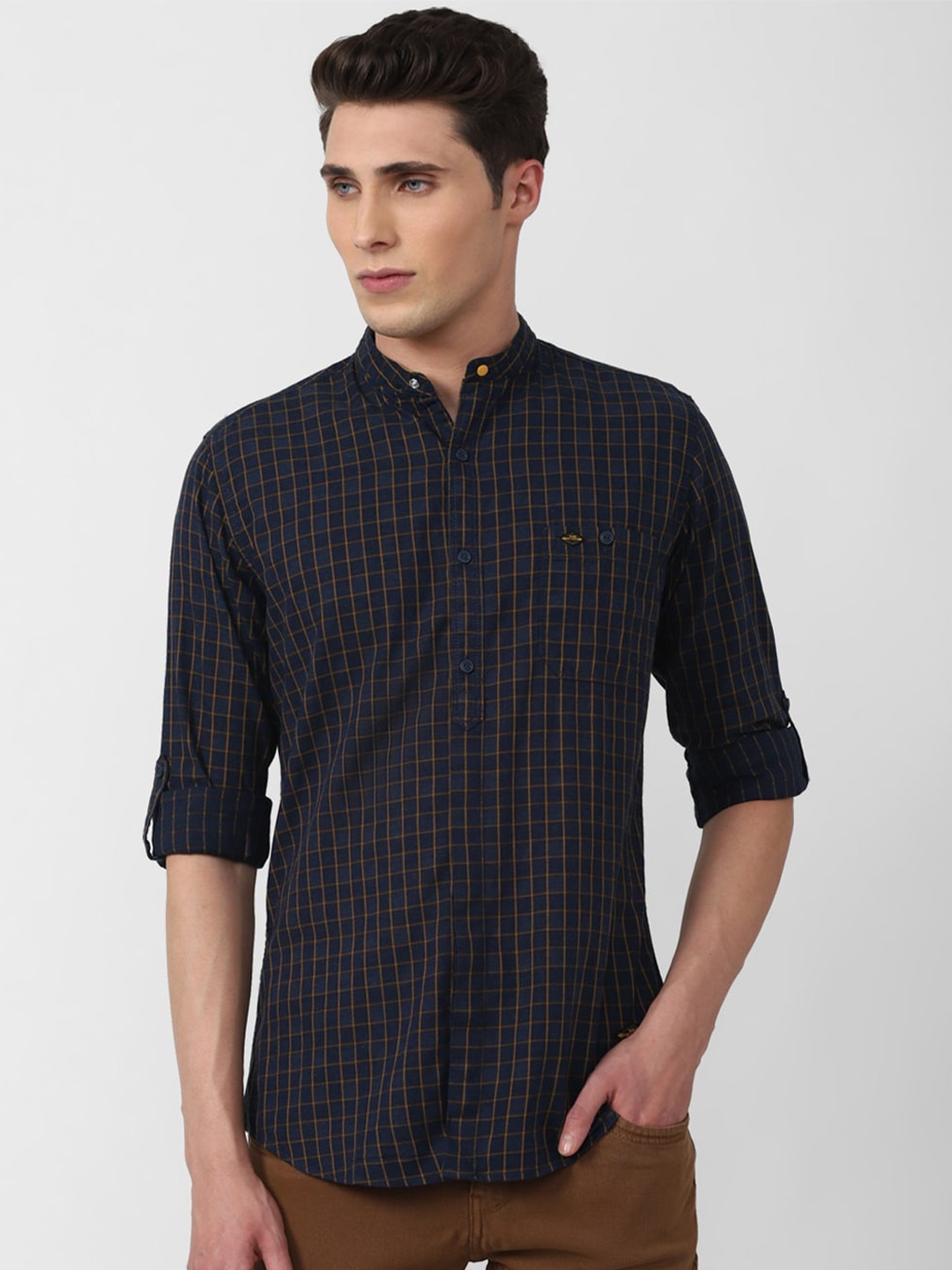 

VAN HEUSEN DENIM LABS Men Navy Blue Slim Fit Checked Cotton Casual Shirt