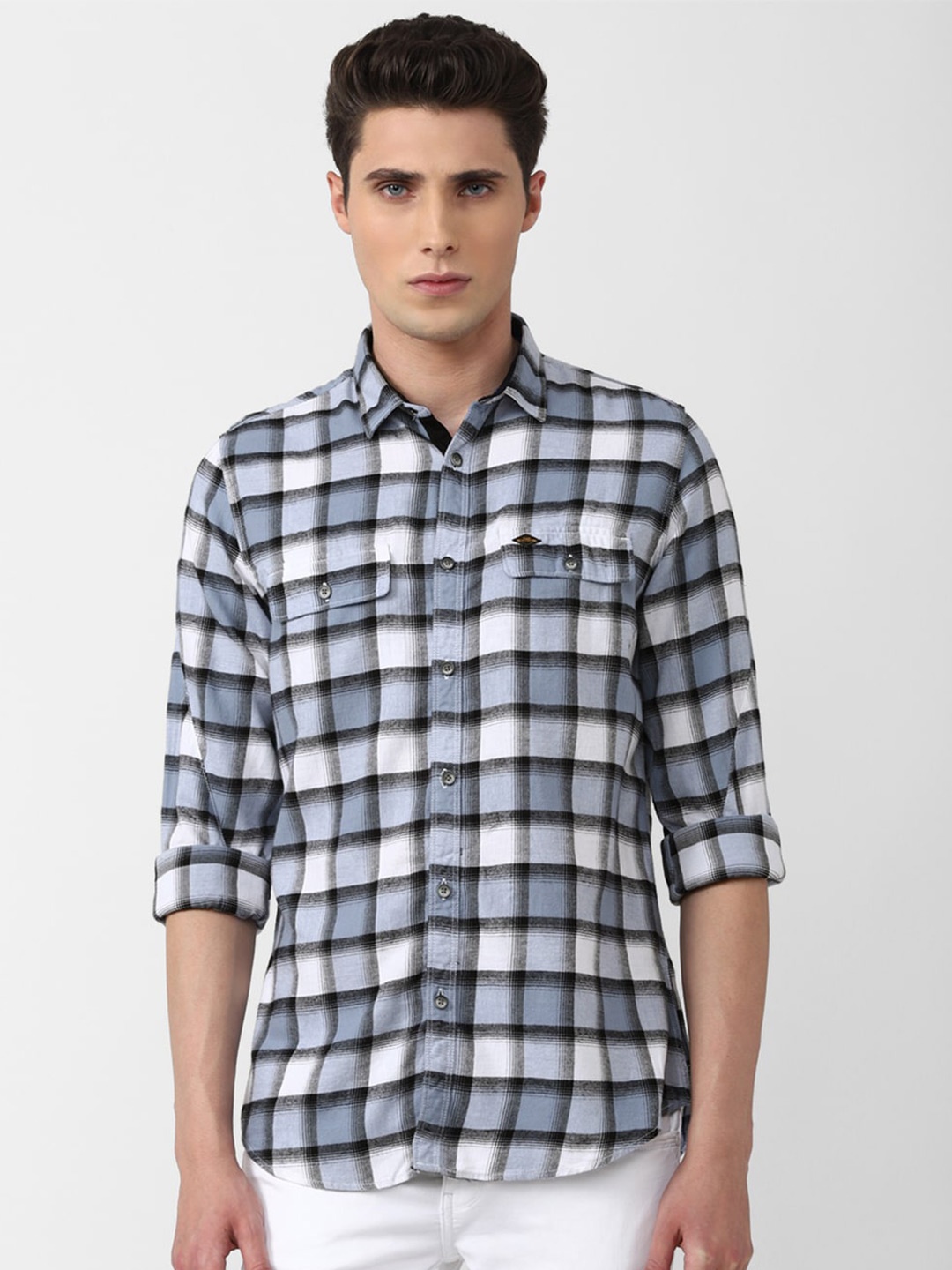 

VAN HEUSEN DENIM LABS Men Blue & White Slim Fit Checked Cotton Casual Shirt
