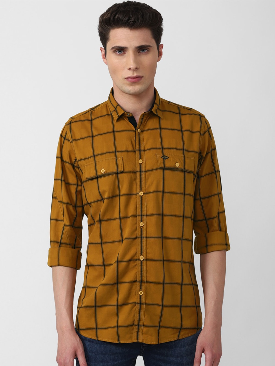 

VAN HEUSEN DENIM LABS Men Mustard Yellow & Black Checked Cotton Casual Shirt