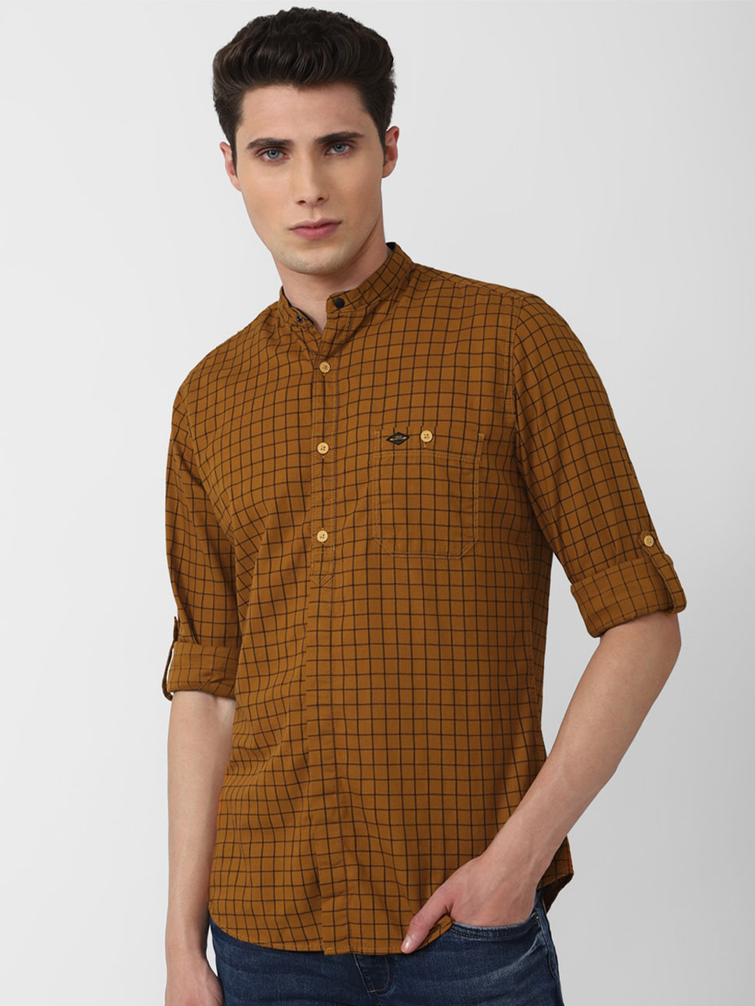

VAN HEUSEN DENIM LABS Men Mustard Yellow Checked Cotton Casual Shirt