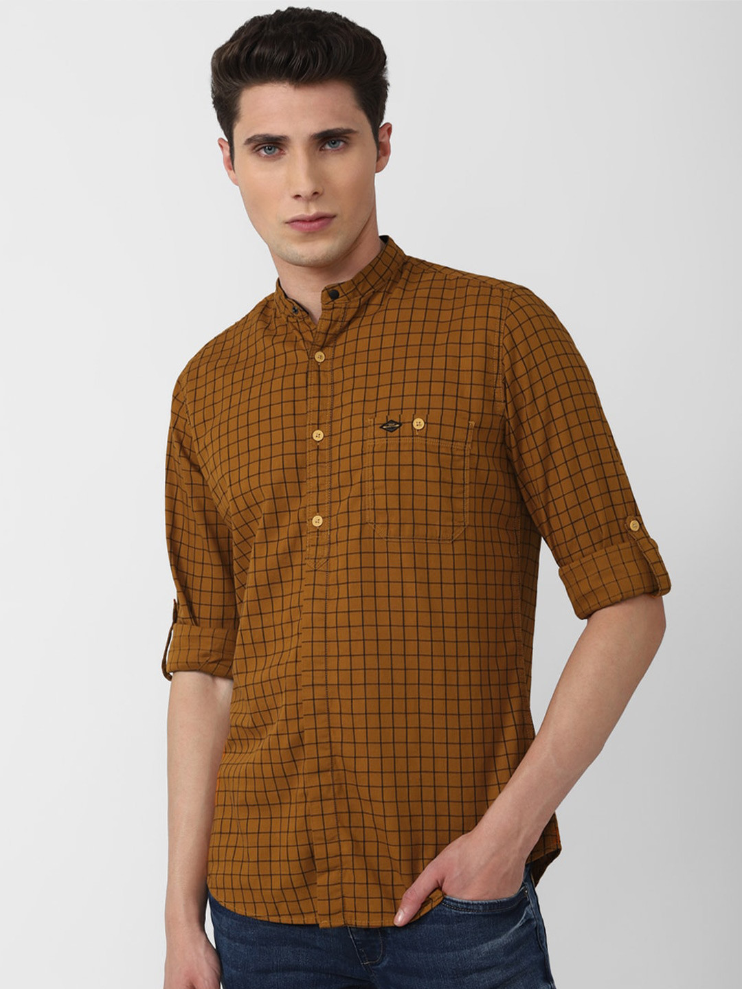 

VAN HEUSEN DENIM LABS Men Mustard Yellow Checked Cotton Casual Shirt
