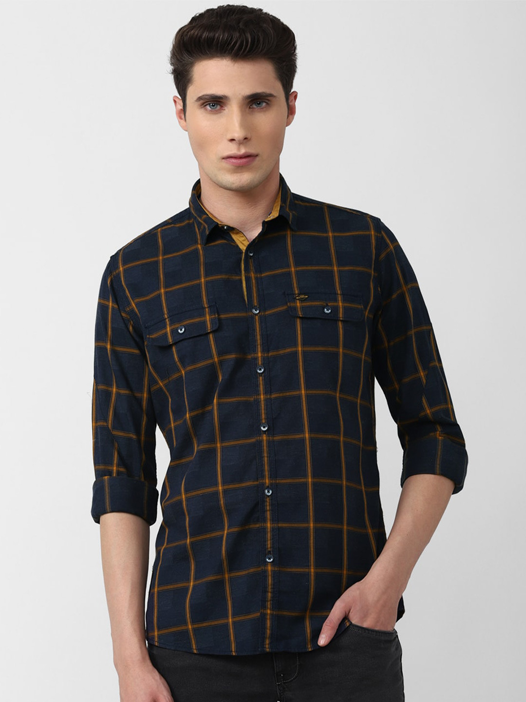 

VAN HEUSEN DENIM LABS Men Navy Blue & Mustard Yellow Checked Cotton Casual Shirt