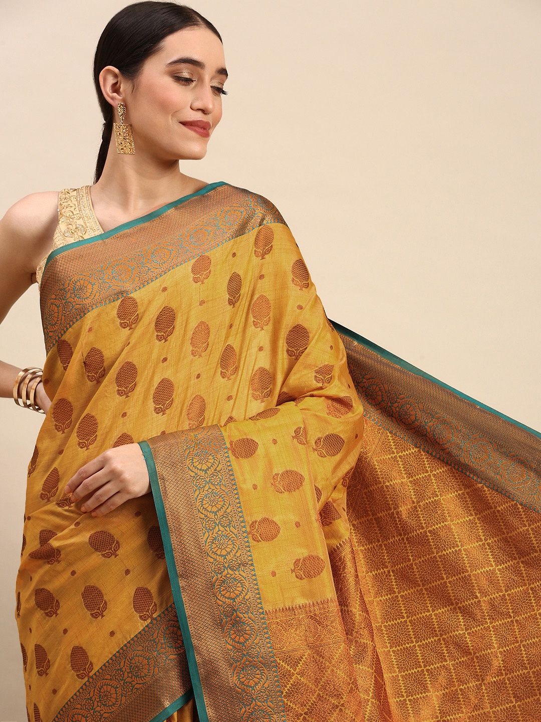 

SANGAM PRINTS Woven Design Pure Silk Saree, Mustard