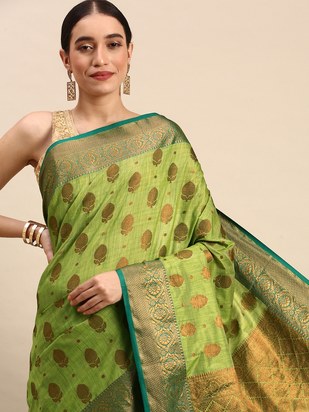 

SANGAM PRINTS Ethnic Motifs Pure Silk Saree, Green