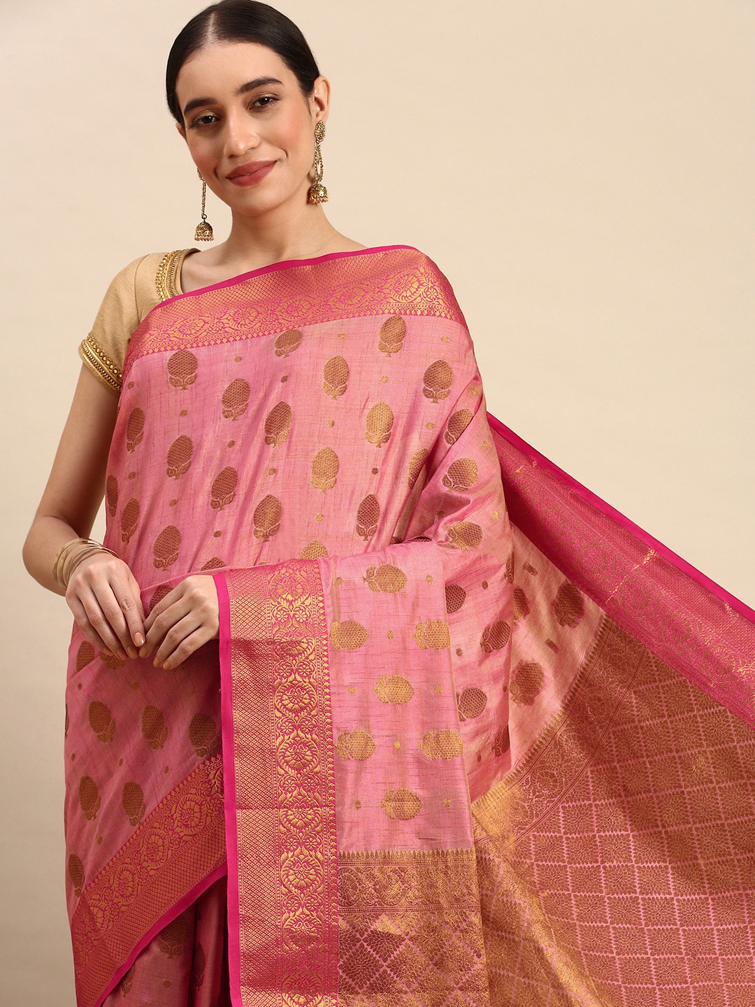 

SANGAM PRINTS Ethnic Motifs Pure Silk Saree, Pink