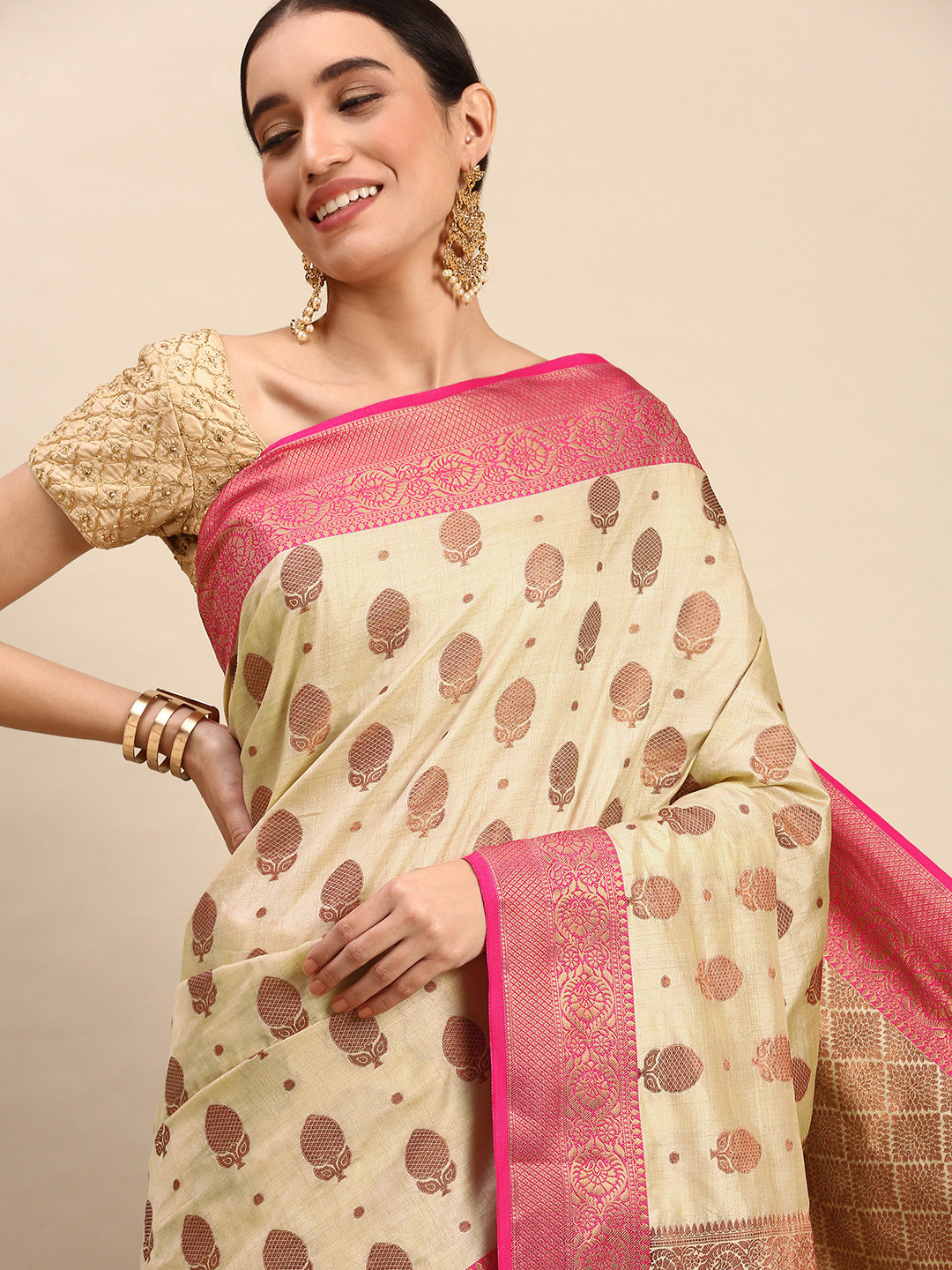 

SANGAM PRINTS Cream-Coloured & Golden Ethnic Motifs Pure Silk Saree