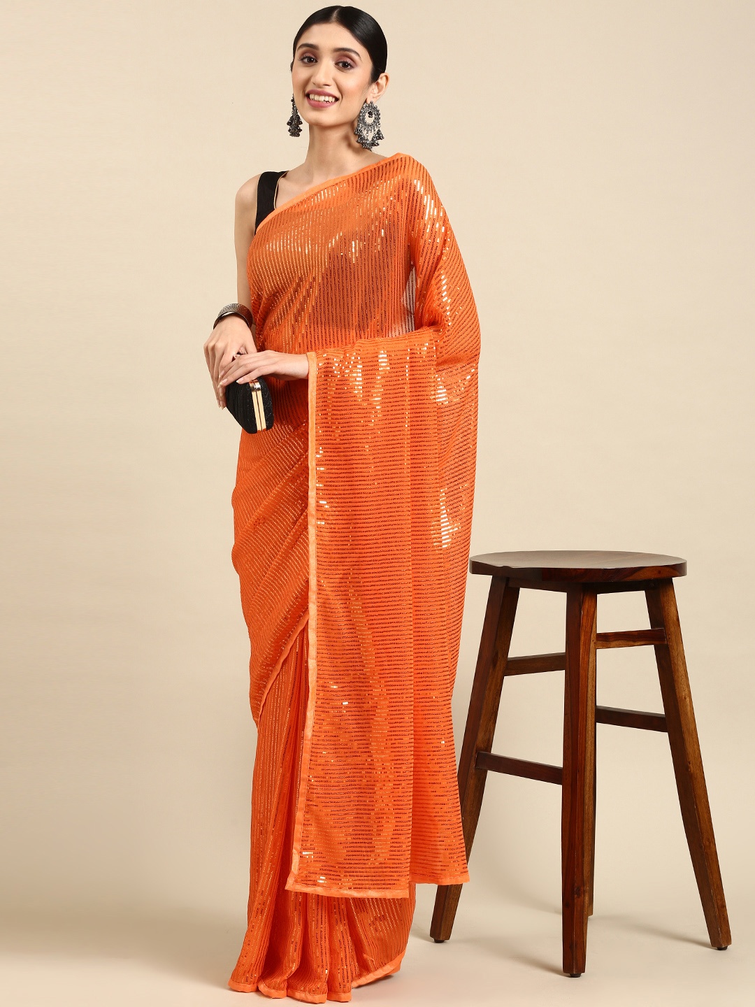 

Pothys Embellished Sequinned Pure Chiffon Saree, Orange