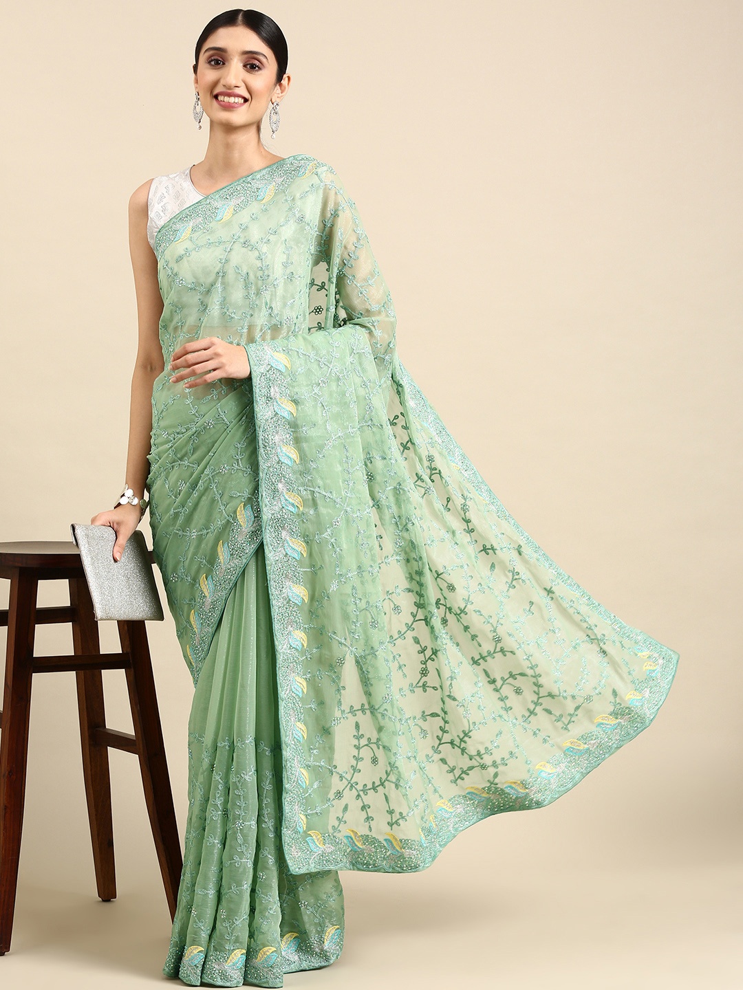 

Pothys Ethnic Motifs Embroidered Tissue Saree, Green