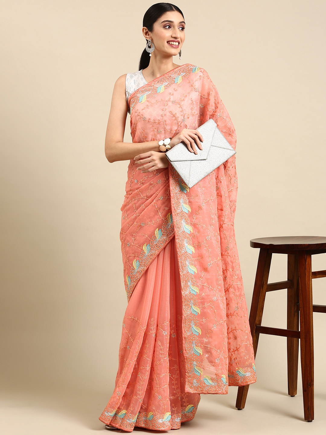 

Pothys Ethnic Motifs Embroidered Tissue Saree, Coral