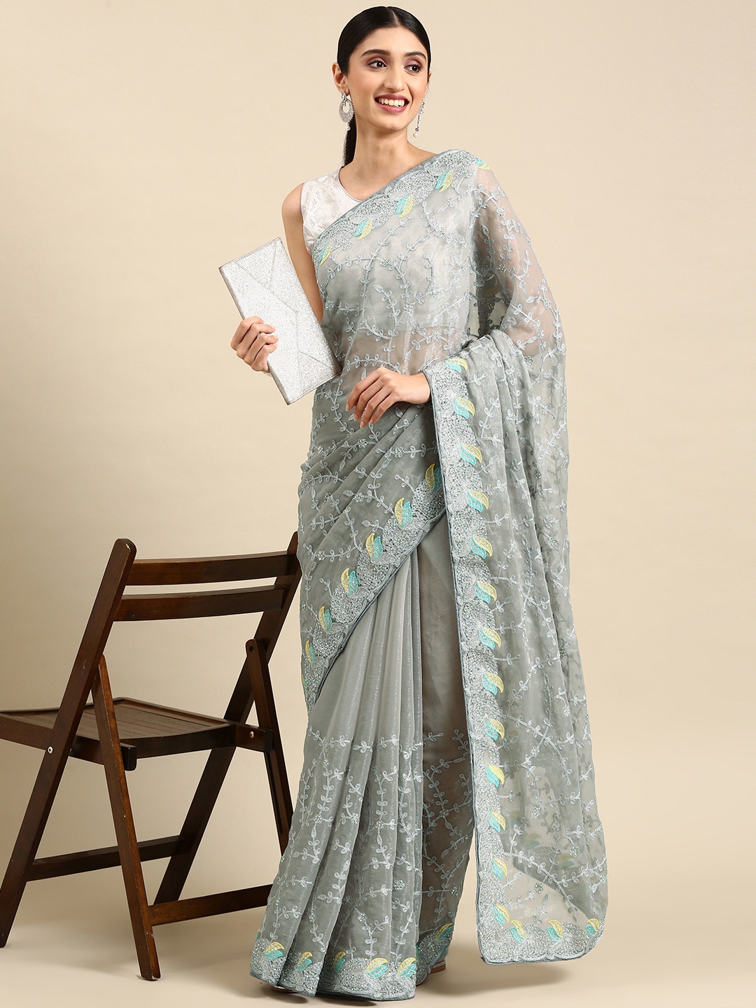 

Pothys Ethnic Motifs Embroidered Tissue Saree, Grey