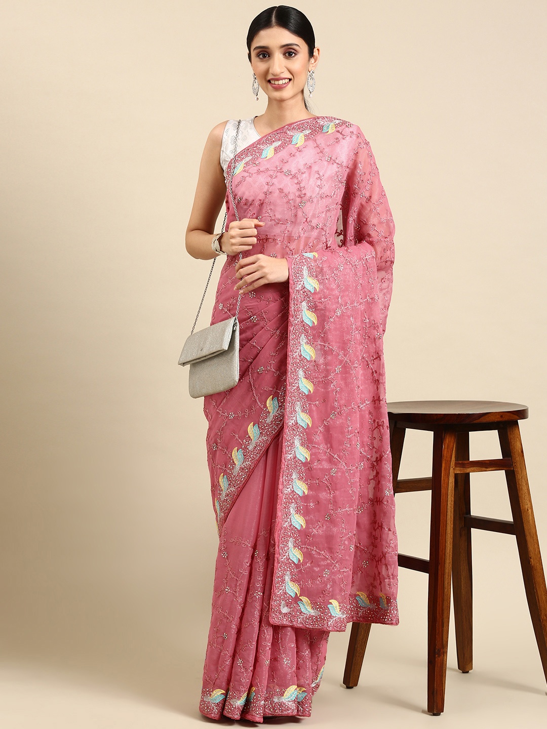 

Pothys Ethnic Motifs Embroidered Tissue Saree, Pink