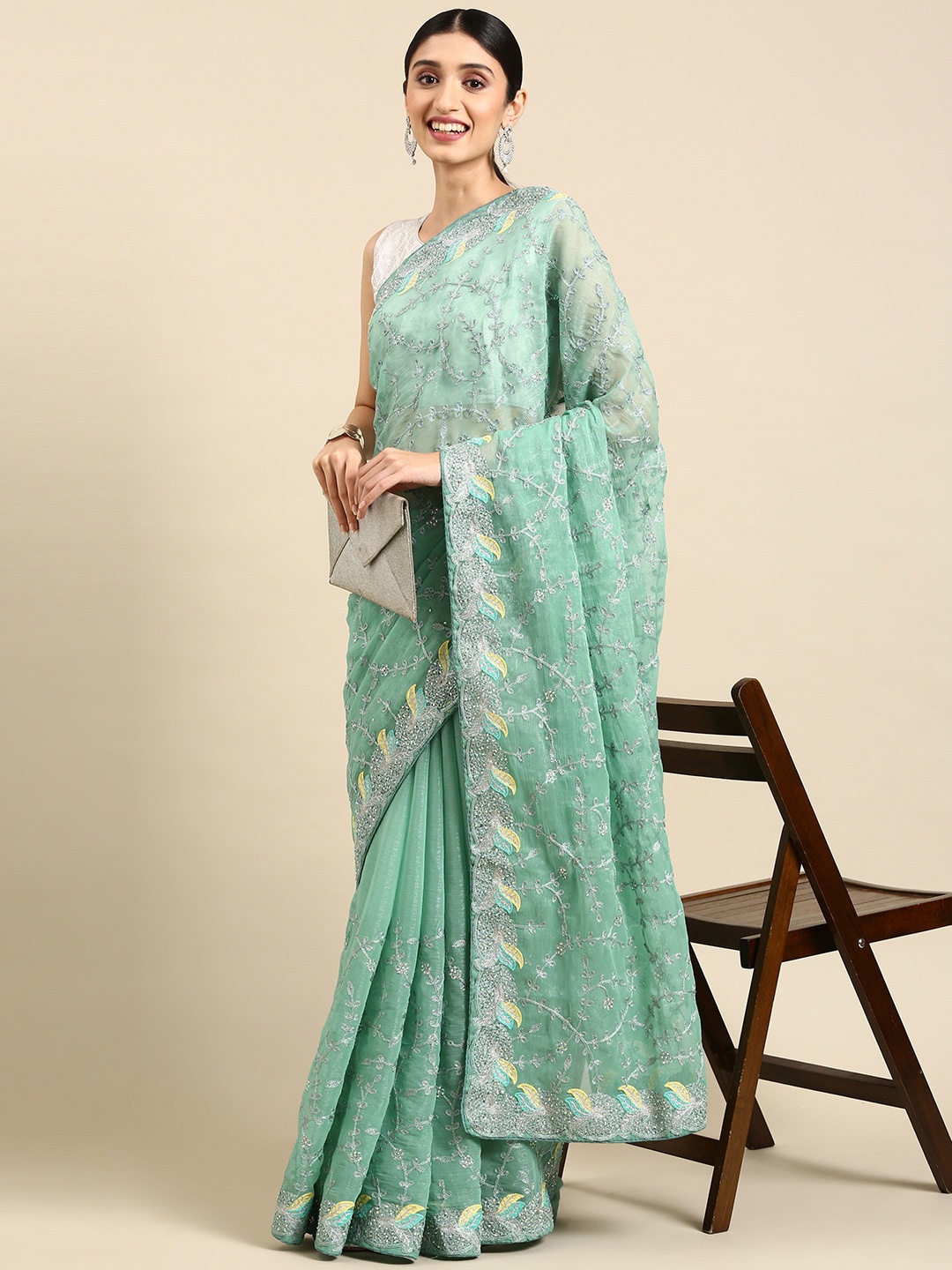 

Pothys Ethnic Motifs Embroidered Tissue Saree, Green