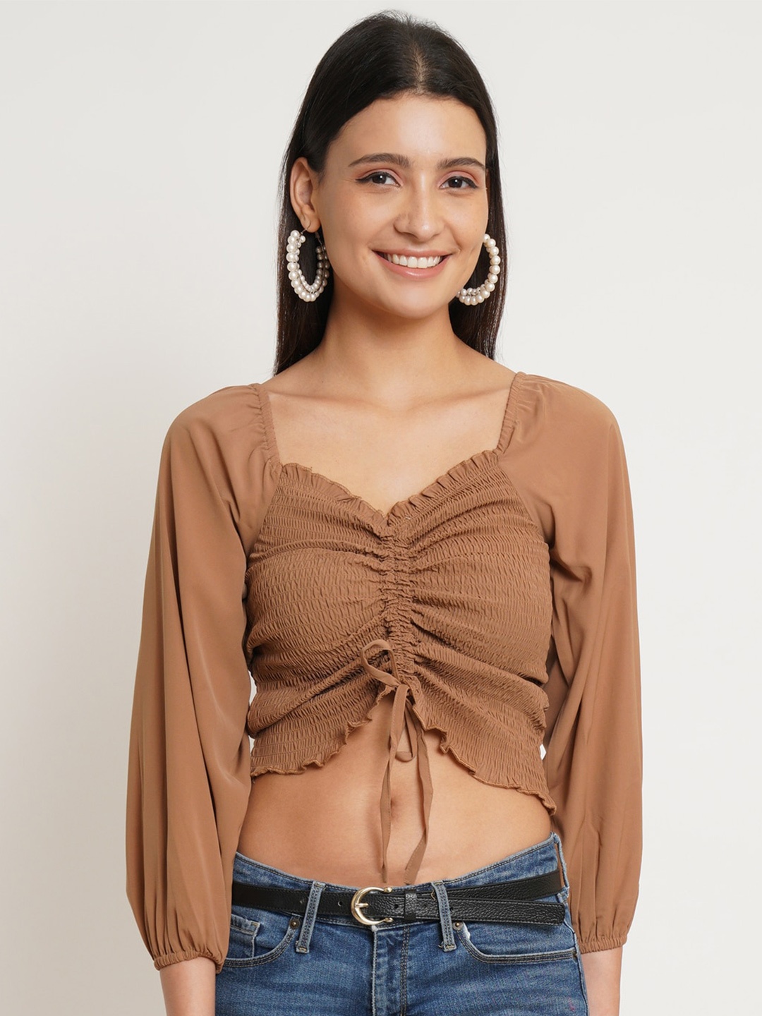 

IX IMPRESSION Brown Sweetheart Neck Smocked Crop Top