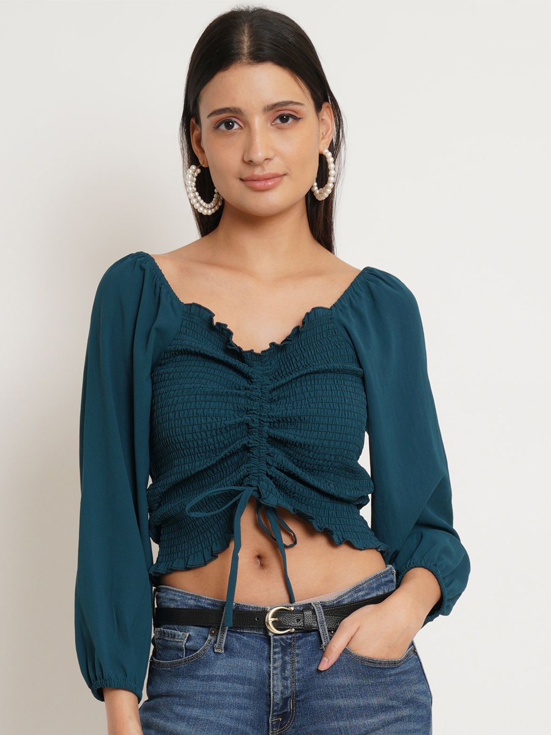 

IX IMPRESSION Teal Smocked Crop Top