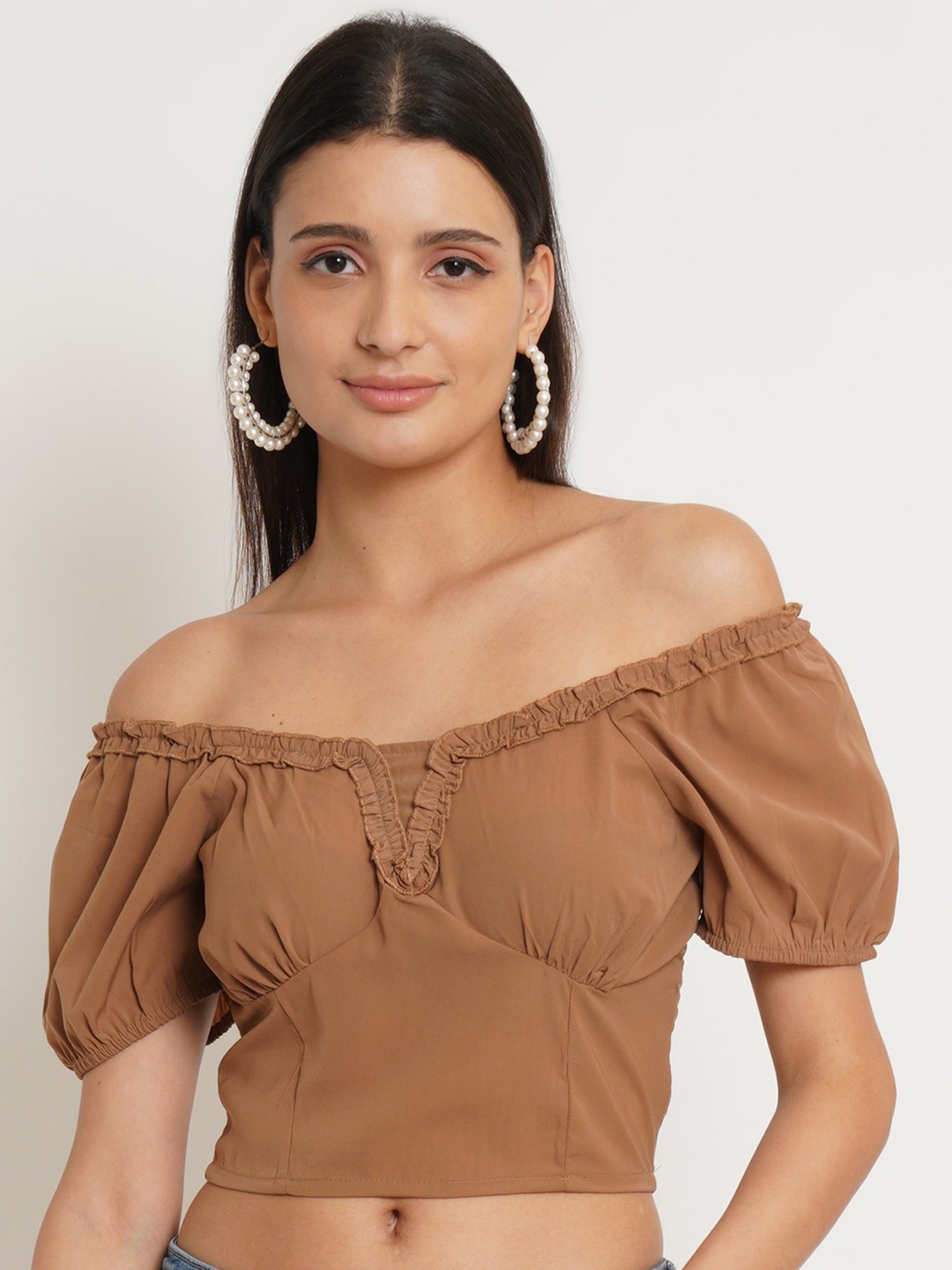 

IX IMPRESSION Brown Off-Shoulder Crop Top