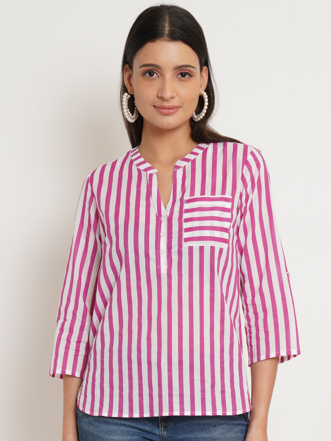 

IX IMPRESSION Pink Striped Mandarin Collar Pure Cotton Top