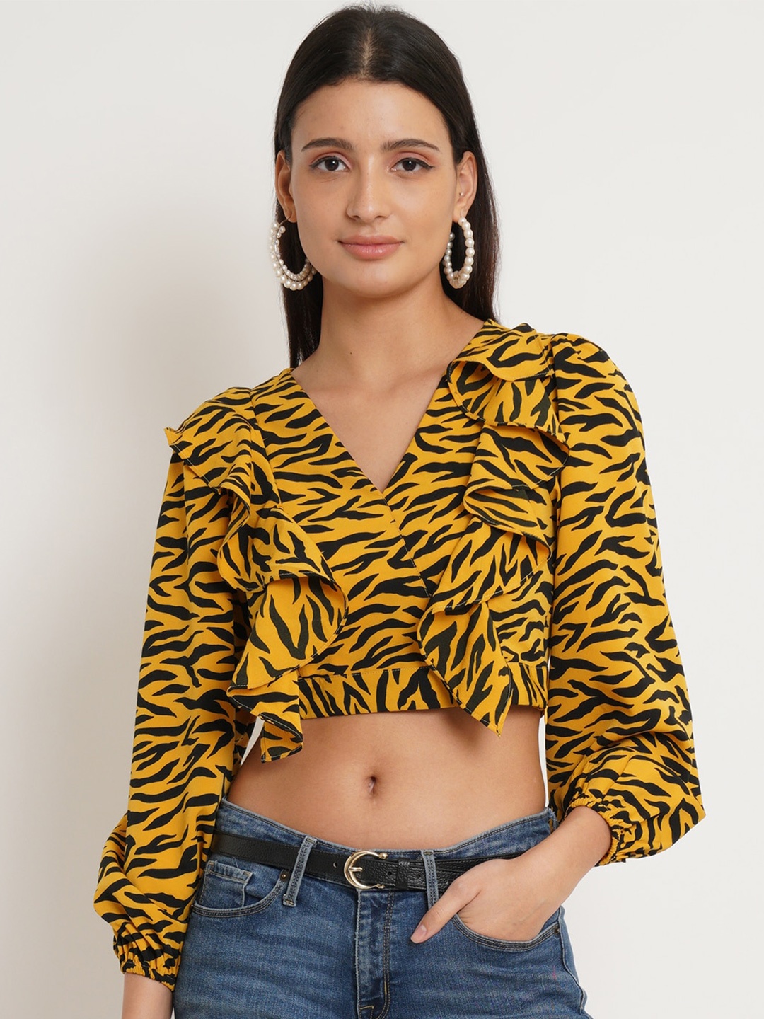 

IX IMPRESSION Yellow Animal Print Ruffles Georgette Wrap Crop Top