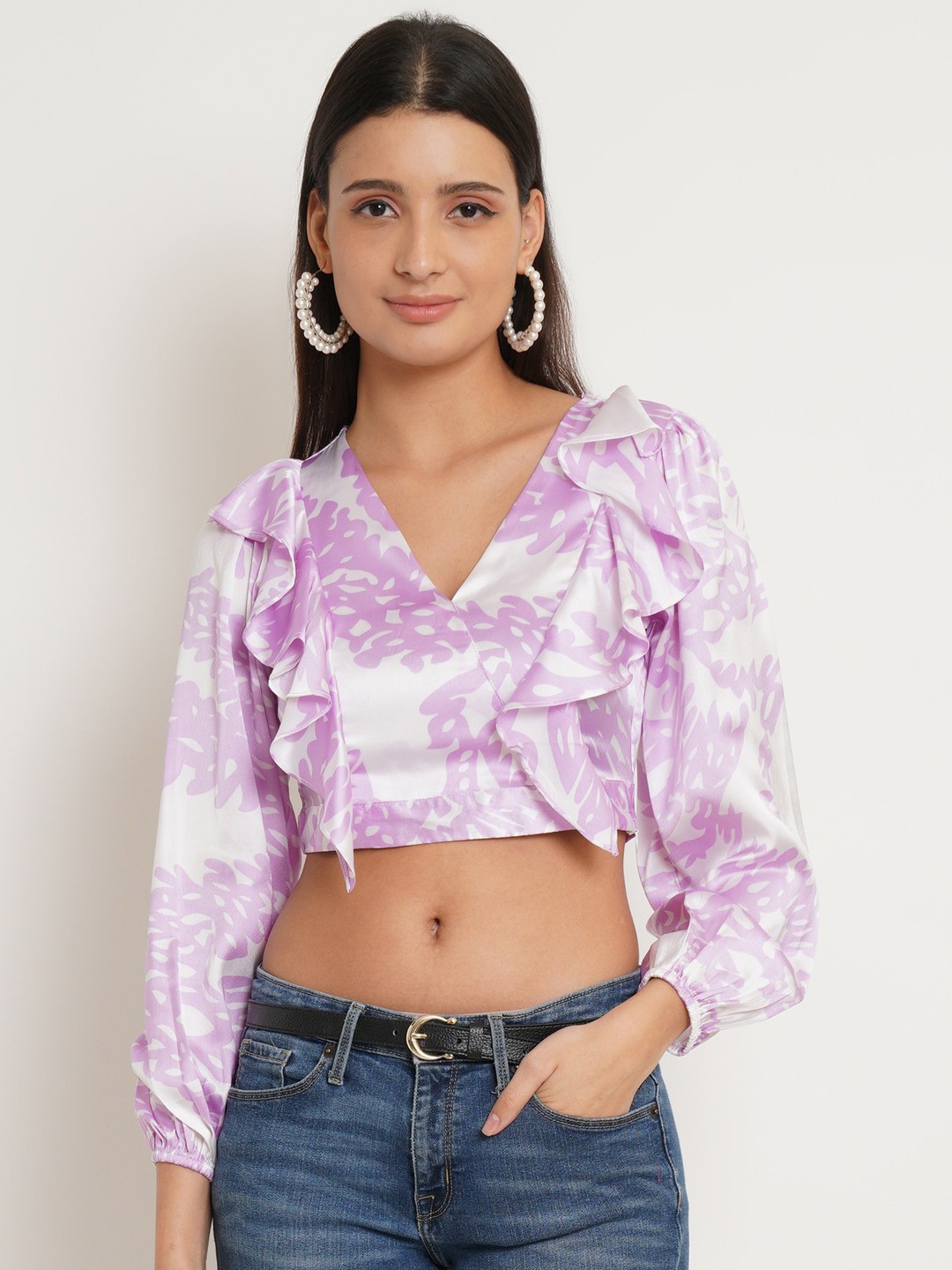 

IX IMPRESSION Purple Print Ruffles Satin Wrap Crop Top
