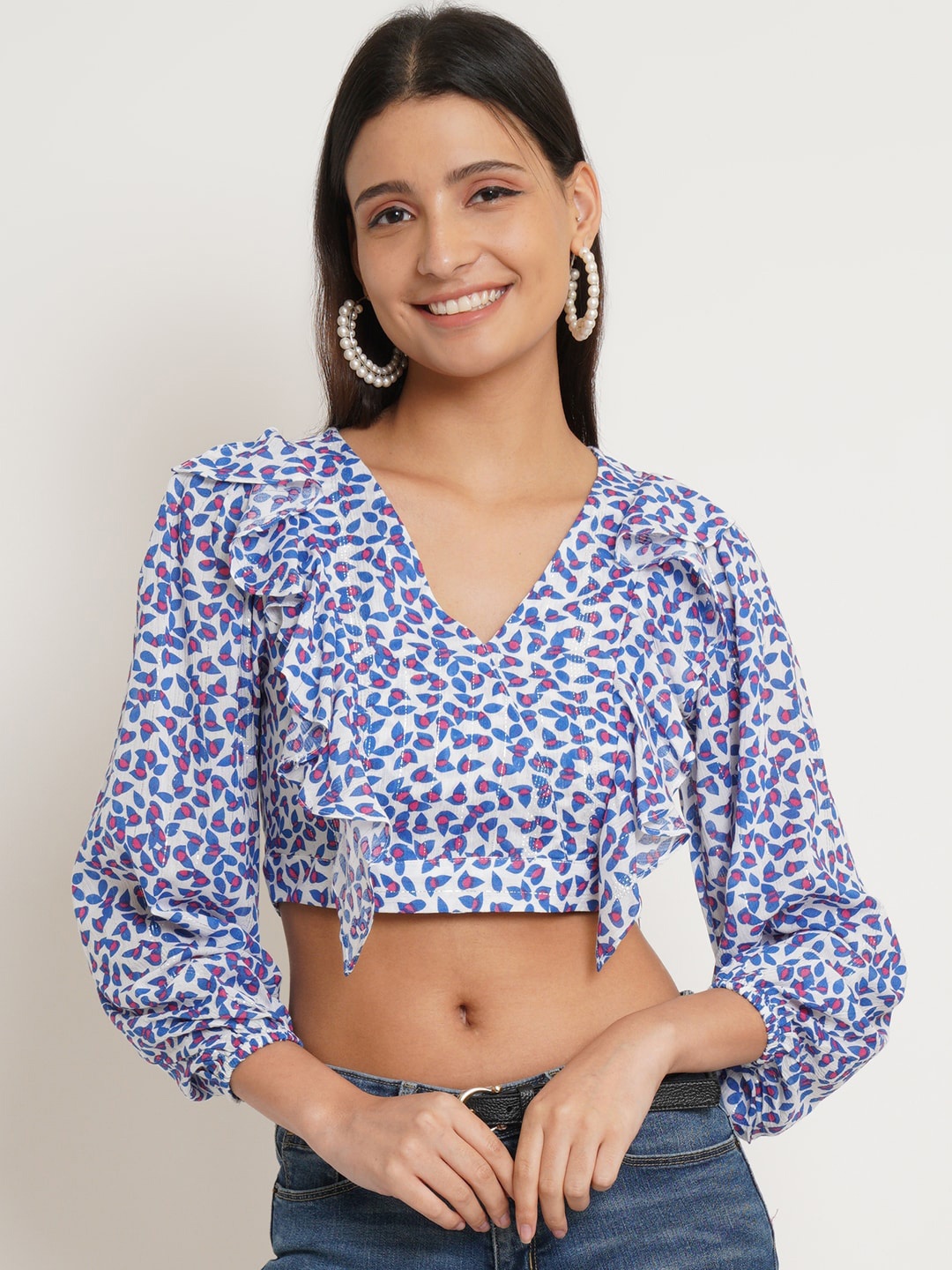 

IX IMPRESSION White & Pink Floral Print Ruffles Wrap Crop Top