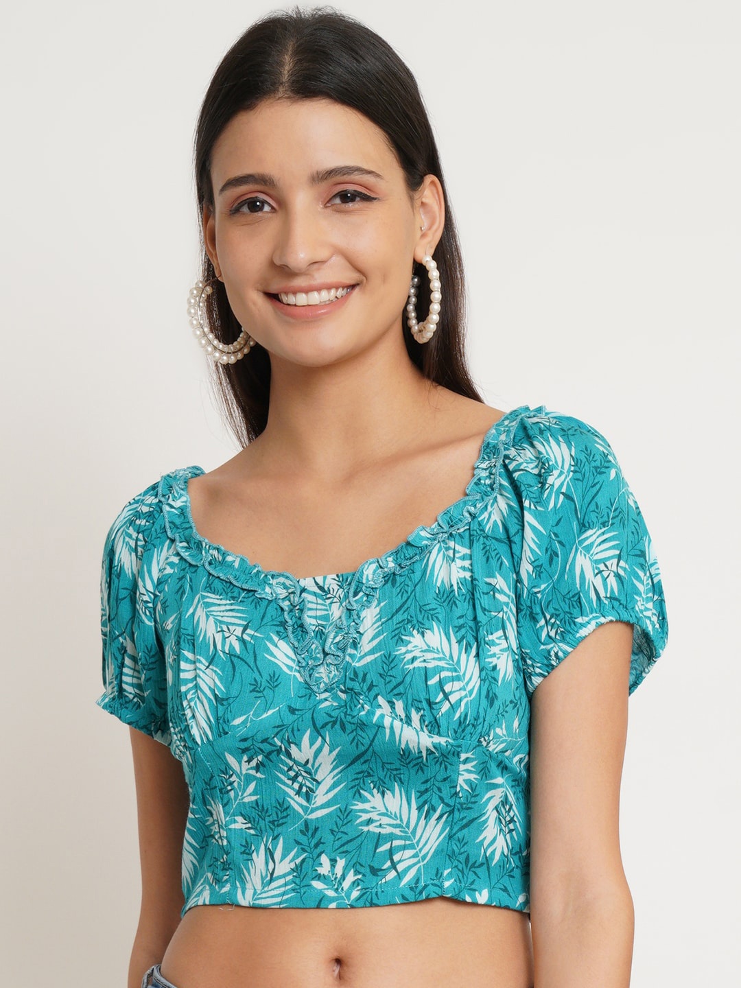 

IX IMPRESSION Turquoise Blue Tropical Print Smocked Crepe Crop Top