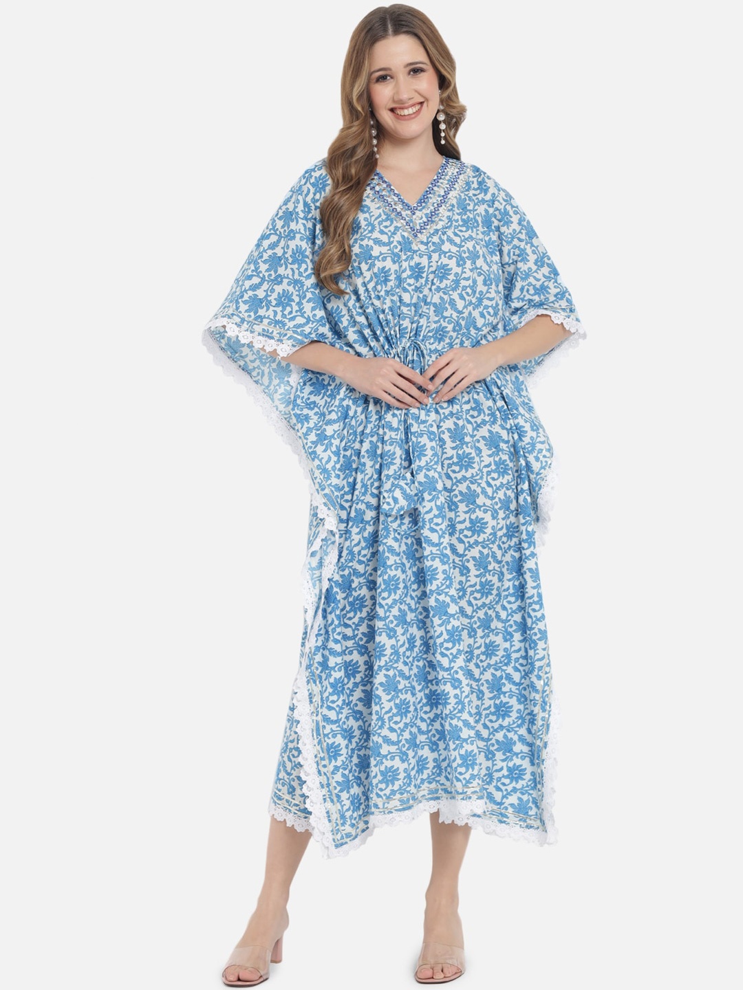 

Meeranshi Blue Floral Kaftan Midi Dress