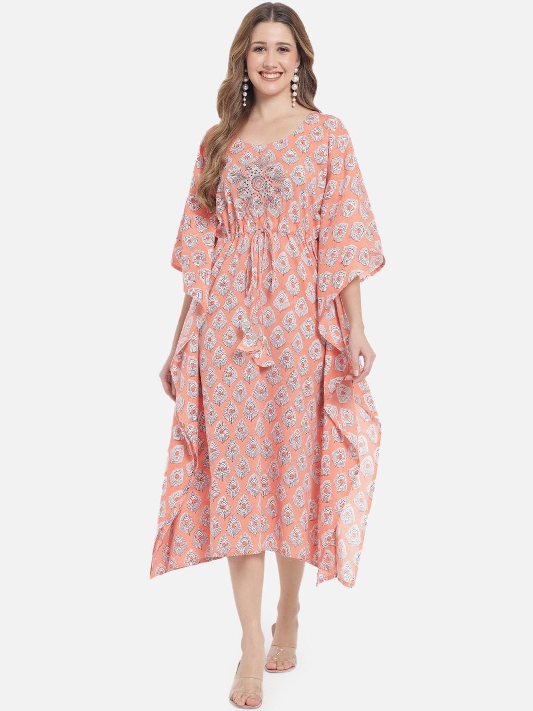 

Meeranshi Peach-Coloured & Off White Ethnic Motifs Printed Cotton Kaftan Midi Dress